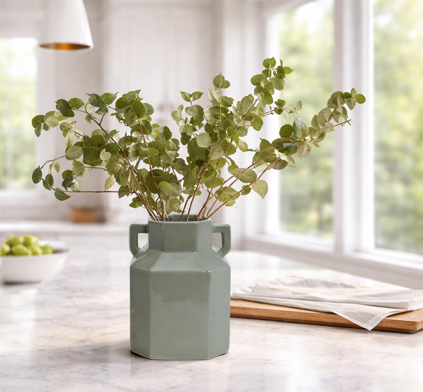 Quoowiit 7.3 Inch Modern Ceramic Vase, Unique Square Vases for Flowers, Boho Vase for Home Decor, Aesthetic Flower Vases Decorations for Living Room Centerpiece Shelf Coffee Table Kitchen Office Green