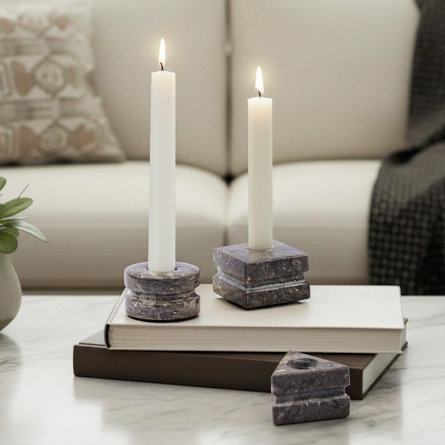 EarthenTones Marble Oceanic Candle Holder Set of 3, Handmade Natural Stone Candlestick Holders, Elegant Marble Home Décor, Modern Table Centerpiece for Living Room, Dining & Gift Decor