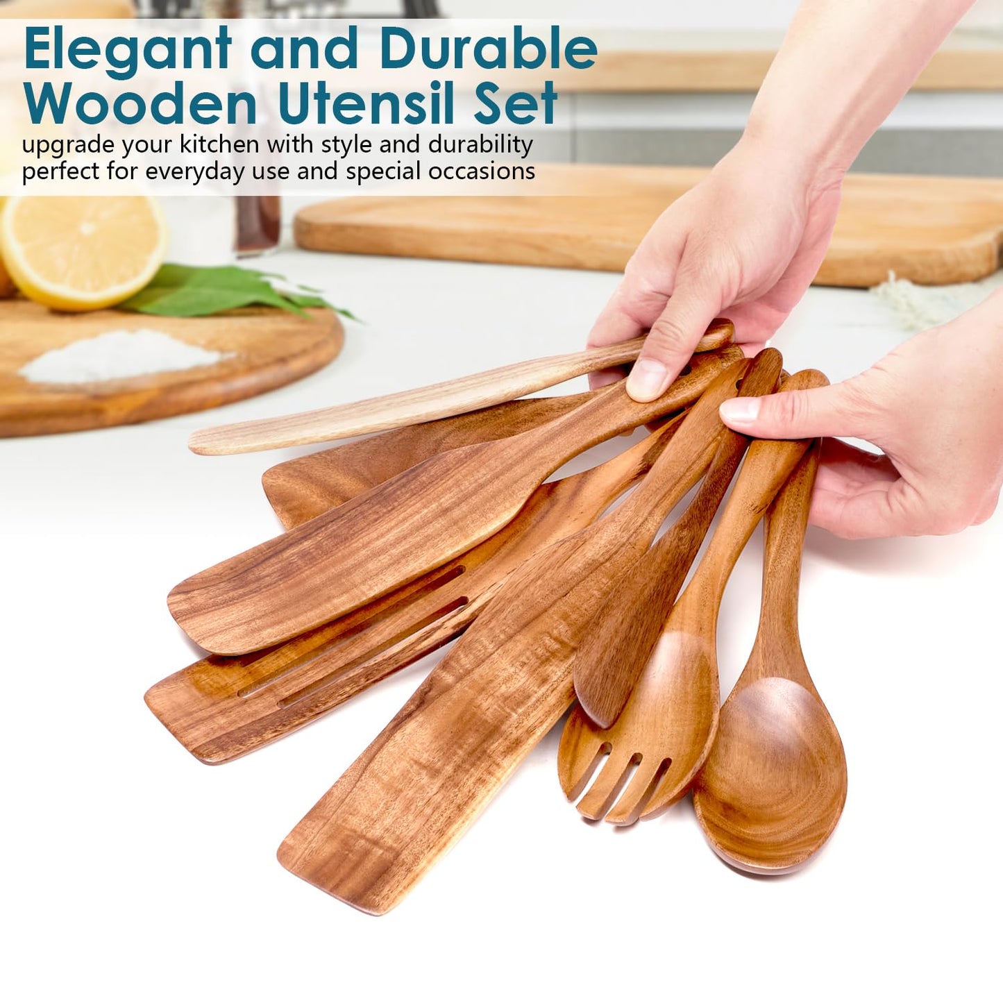 HOWHONG Wooden Spatula Spurtle Set for Cooking, Acacia Wood Kitchen Utensils, Premium Handmade Spurtles for Nonstick Cookware, Heat Resistant, Smooth Finish, Comfortable Grip, 8 Piece