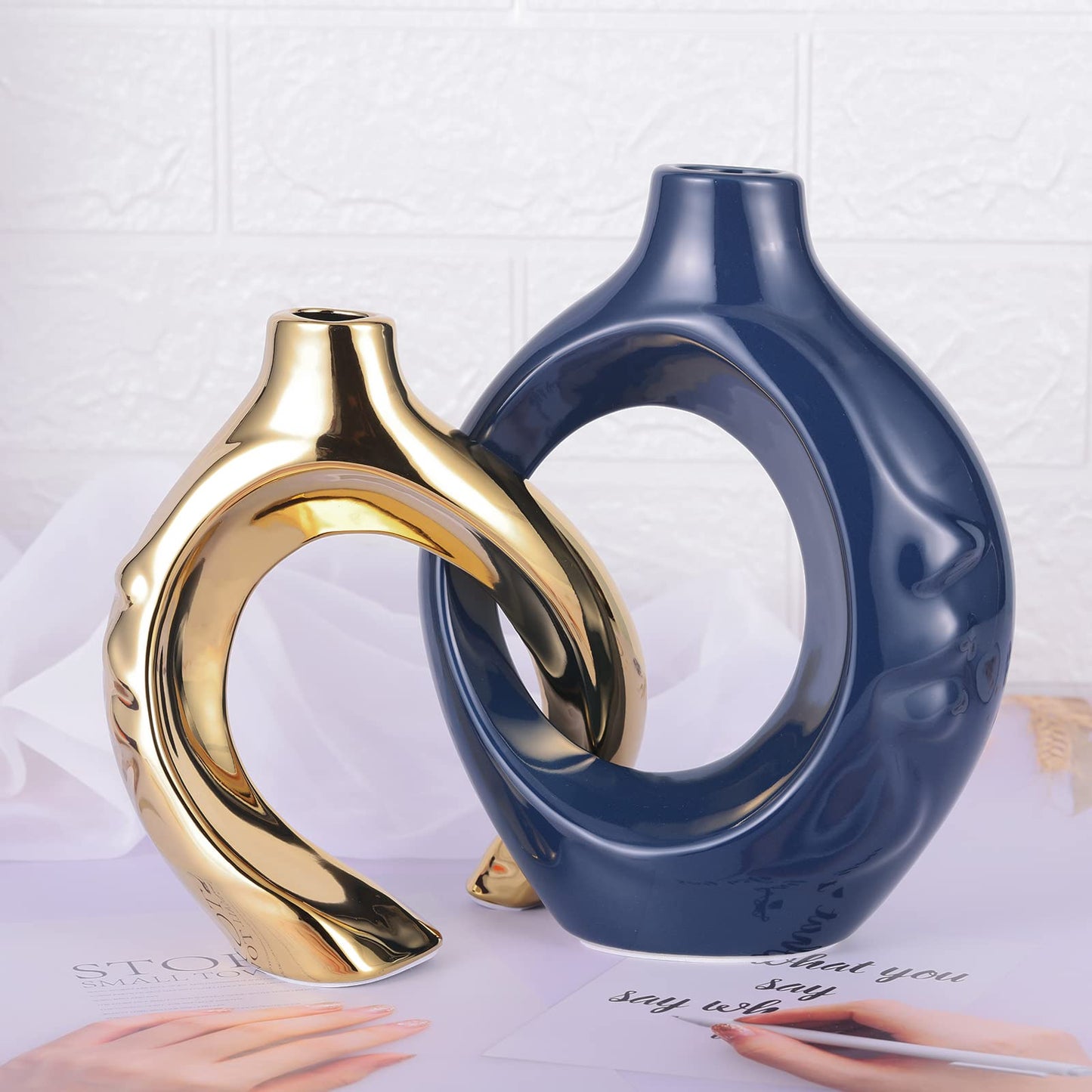 LCCCK Blue and Gold Ceramic Vases for Home Decor, Boho Vase for Flowers Pampas Grass Decorative, Navy Blue Hollow Donut Small Vase for Living Room Table Wedding Centerpiece Modern Vases