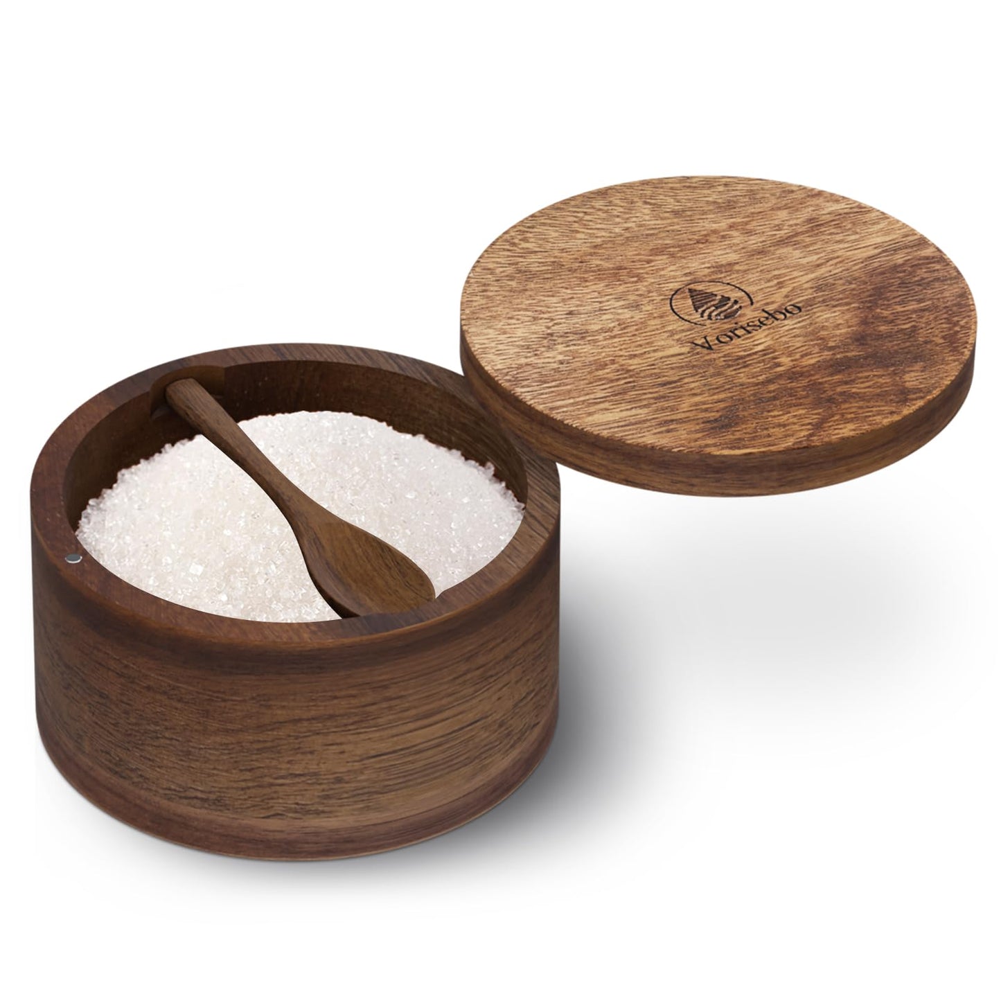 Vorisebo Acacia Wood Salt Container with Built-in Spoon, Elegant Salts Holder with Magnetic Swivel Lid, Salt Box for Kitchen to Storage Pepper, Spice or Favorite Seasonings, 6OZ