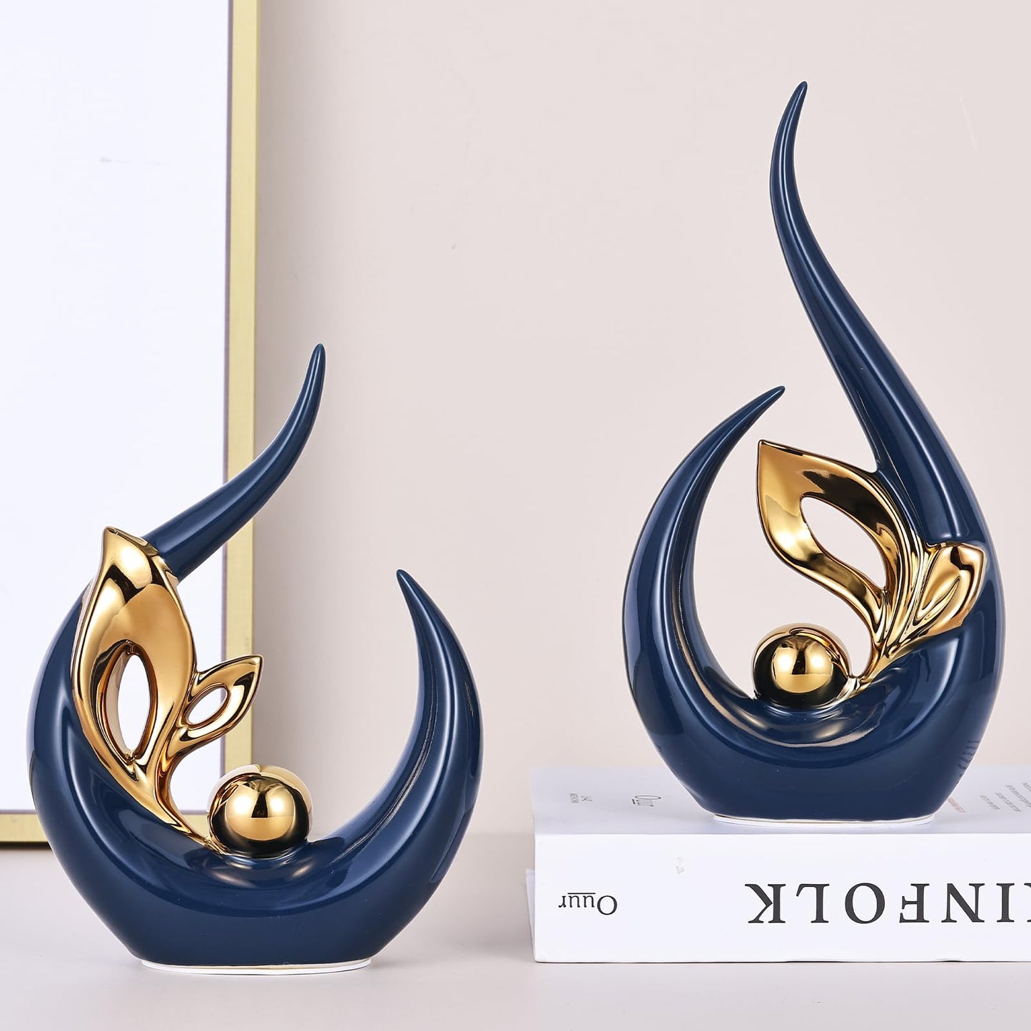9.4" H Blue Gold Abstract Sculptures Home Decor, Ceramic Art Statue Cool Stuff to Put on Shelves&tv Stand Decor, Gold Accent Entertainment Center, for Fireplace Coffee Table Dining Table Decorate