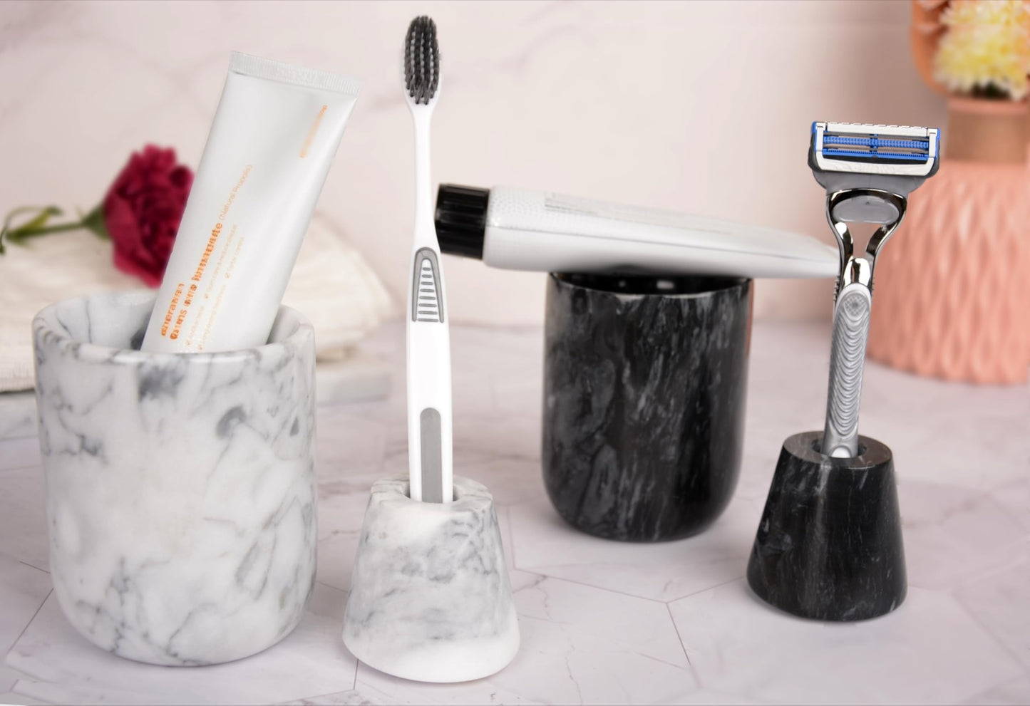 Natural Marble Toothbrush Holder and Toothbrush Cup Set,Handmade Toothbrush Holder for Bathroom Countertop Toothbrush and Toothpaste Holder Set,Better Choice for Housewarming Gift(Black Grey)