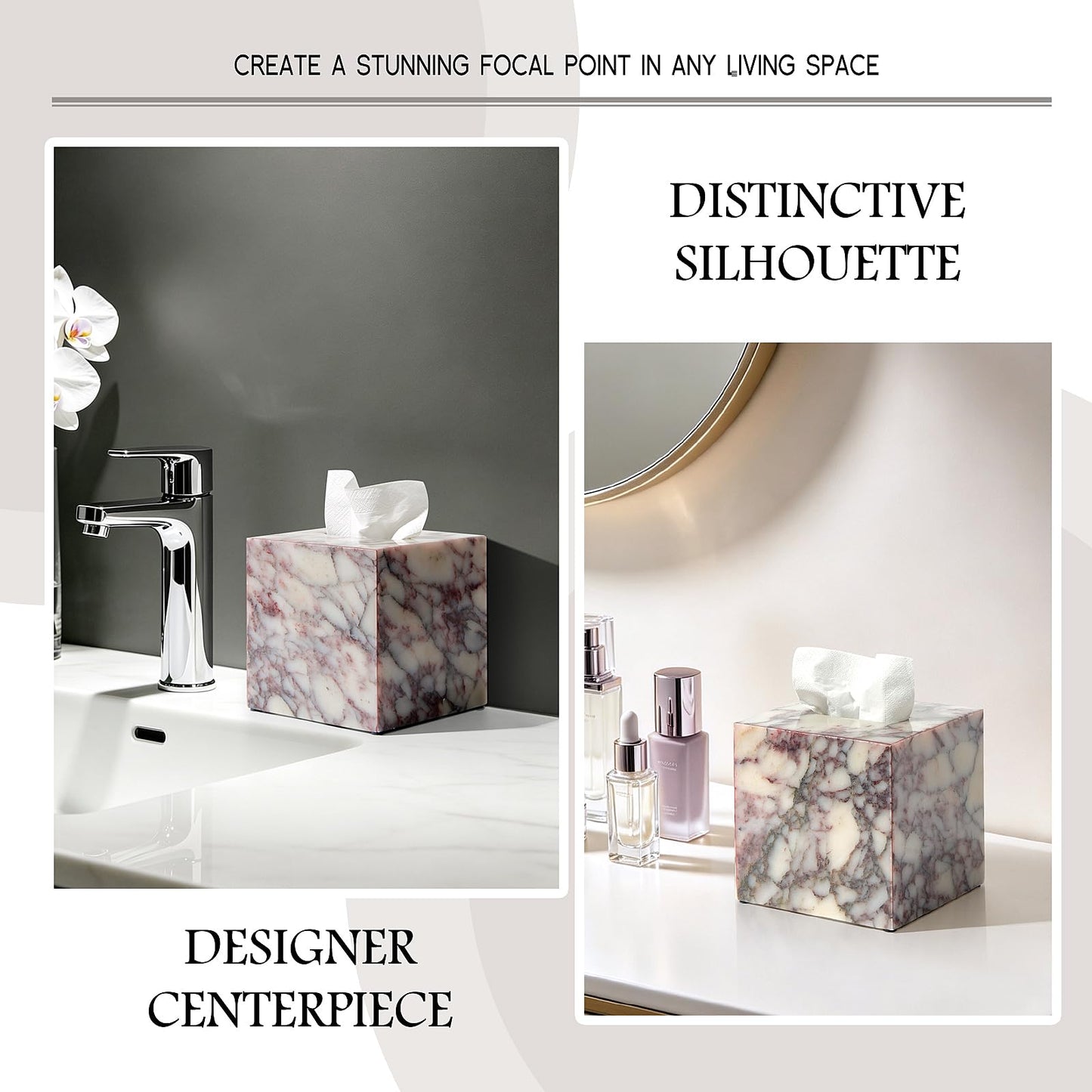 Luxury Natural Calacatta Viola Marble Tissue Box Cover 5.5 Inch Square - Fits Most Standard Tissue Boxes, Heavy-Duty Non-Slip Base, Decor for Bathroom Vanity, Kitchen, Living Room, Office Countertops