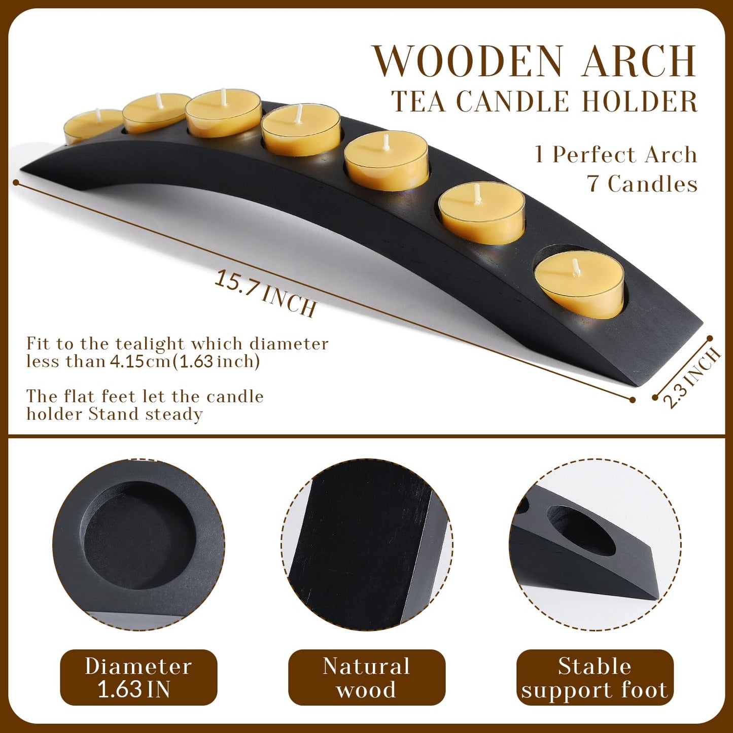 7 in 1 Arch Tea Candle Holder, Black Wooden Bridge Candle Stand, Candelabra Tealight Candle Holder for Coffee Table - 2 PCS
