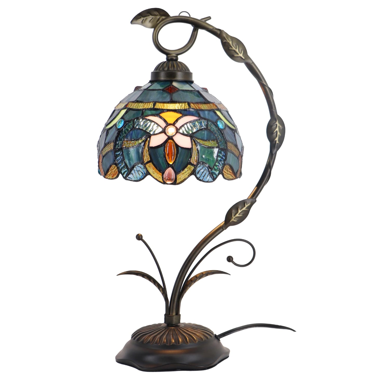 LXHCYOU Tiffany Table Lamp, Stained Glass Desk Reading Light, 8X10X19 Inches, Metal Leaf Base (Blue Baroque Style)