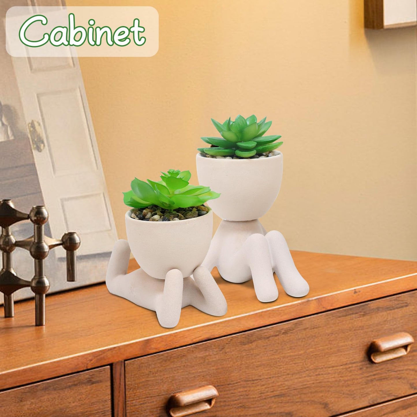 Zerzsy 3pcs Creative Artificial Succulents with Gray Flower Pots Bundle with 2PCS Cute Artificial Succulent Plants with Creative Human Shaped Pots
