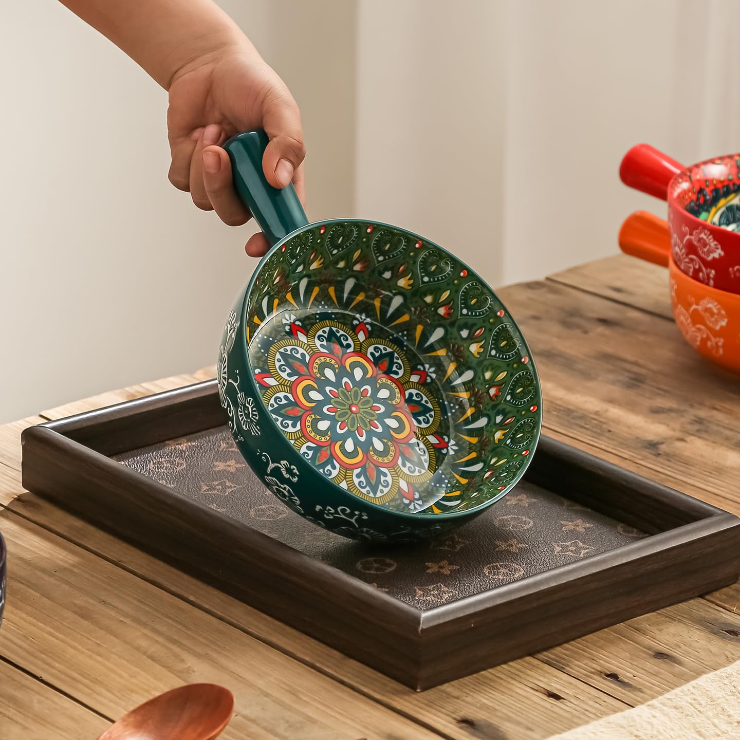 JINNTHE 1PC Ceramic Soup Bowl with Handle – 23oz, 9 Inches Bowl Handmade Shallow Bowl Colorful Floral Microwave & Dishwasher Safe Pasta/Salad Dish Bohemian Style Navy Blue