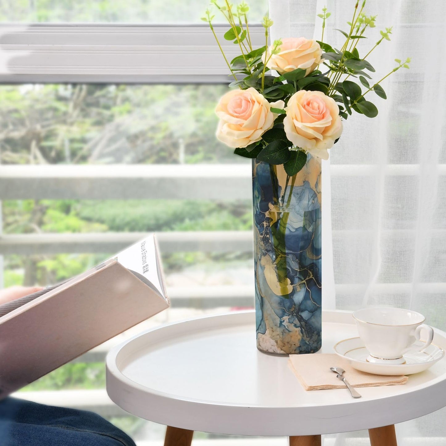 ALAZA Blue & Gold Marble Art Flower Vase Decorative Floreros for Home Decor Bedroom Living Room Office Table Shelf Bathroom