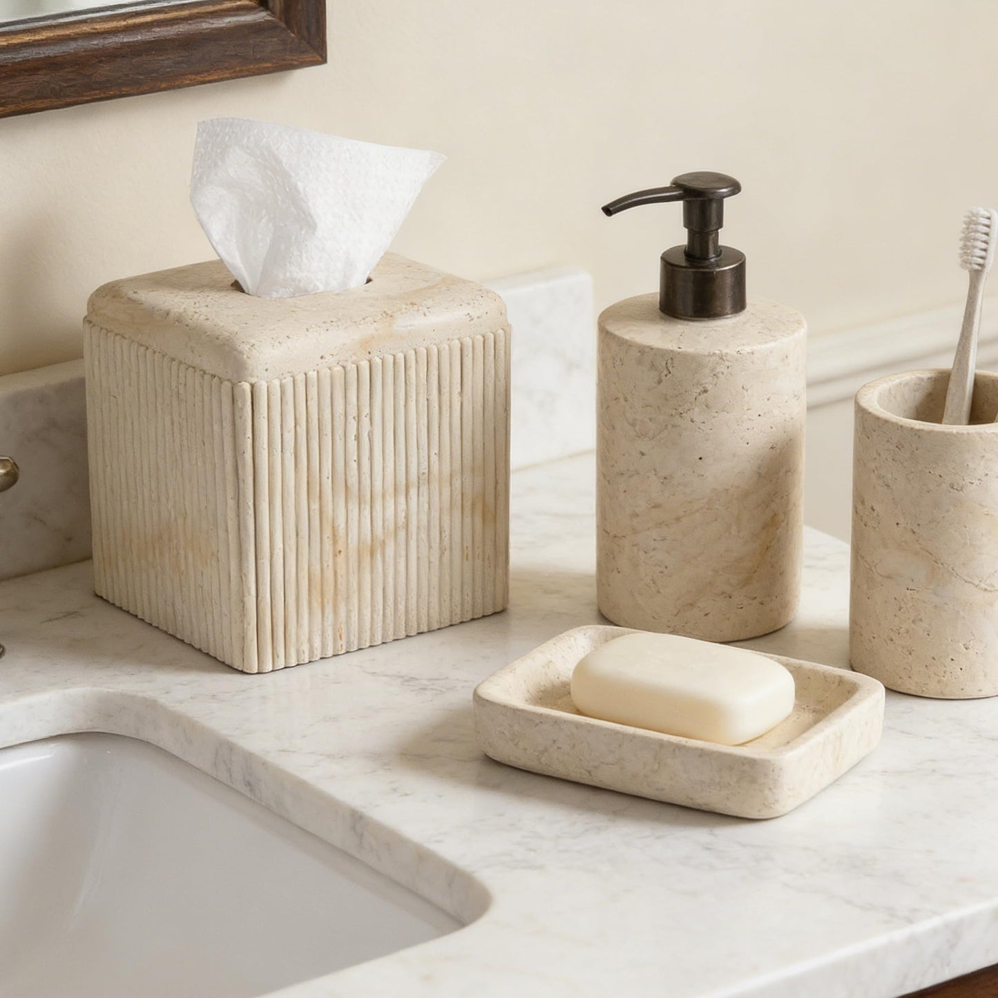 Natural Travertine Texture Striped Square Tissue Box Cover Decorative,Resin Heavy Sturdy Tissue Box Holder, Facial Paper Holder for Bathroom Vanity Countertop, Bedroom Night Stand,Office and End Table
