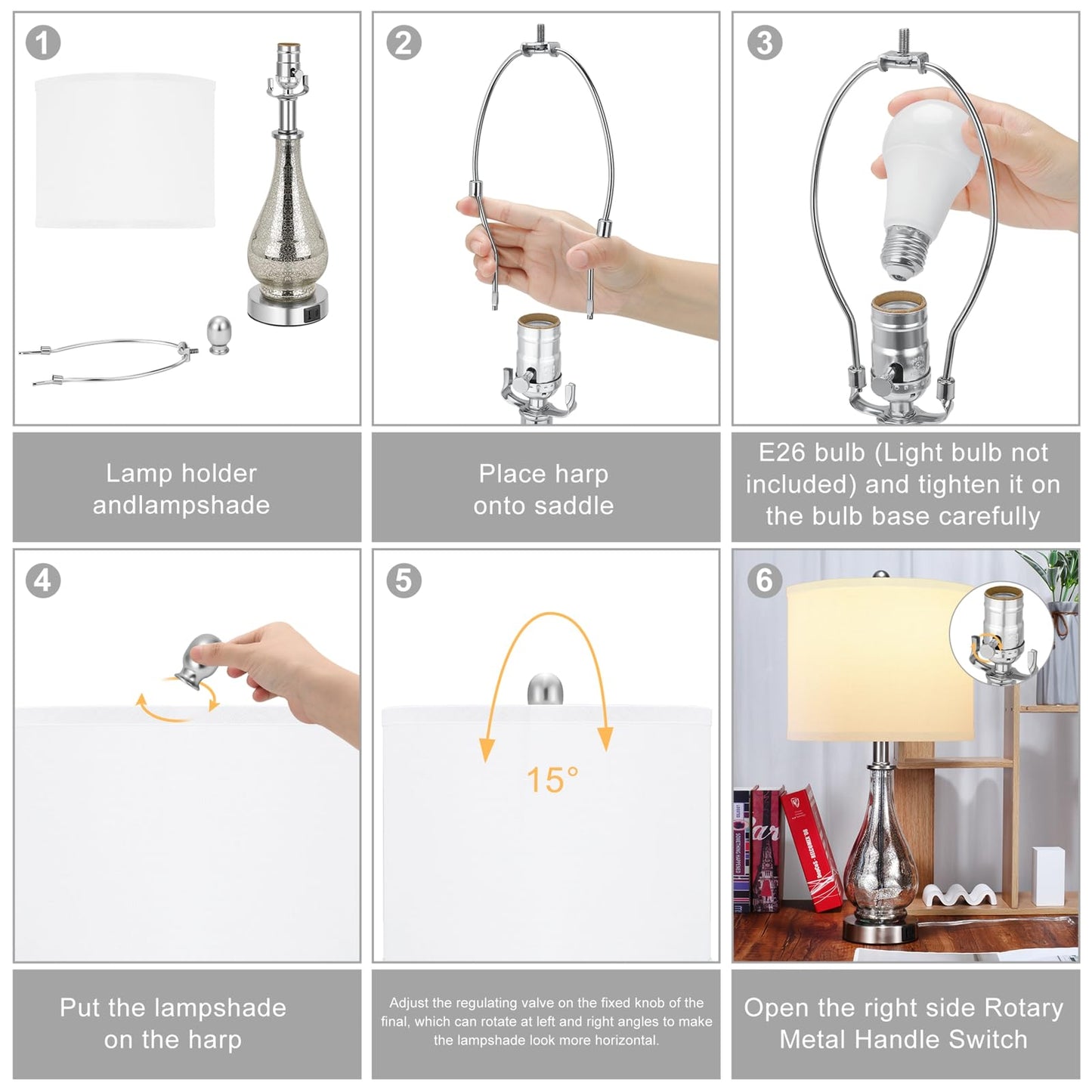 TPAMSWO Glass Table Lamps Set of 2, Modern 23.5” High Hand-Applied Silver Mercury Glass Bedside Lamps, for Bedroom Living Room Home Nightstand Table Lamp(with USB C+A 5V 2.1A Charging Ports)