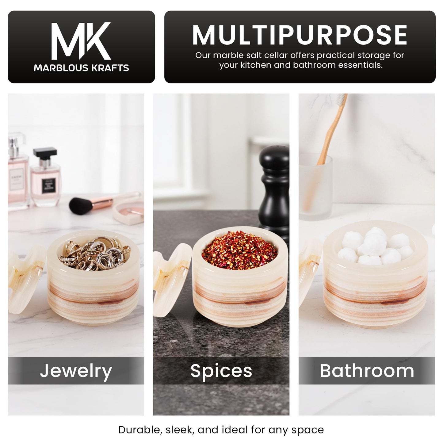 MARBLOUS KRAFTS 3" White Onyx Marble Salt Cellars with Lids, Flaky Salt Holder, Spice Container, Sugar Jar for Countertop, Set of 3 Kitchen Storage Bowls, Perfect Mother’s Day Gift for Her