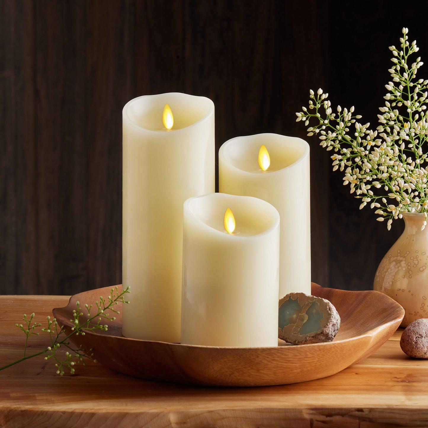 Luminara Scalloped Edge Flameless LED Candle - Ivory 3.5" x 5" - Real Wax Pillar Battery Operated Moving Flame w/Timer Unscented 1000Hr Runtime