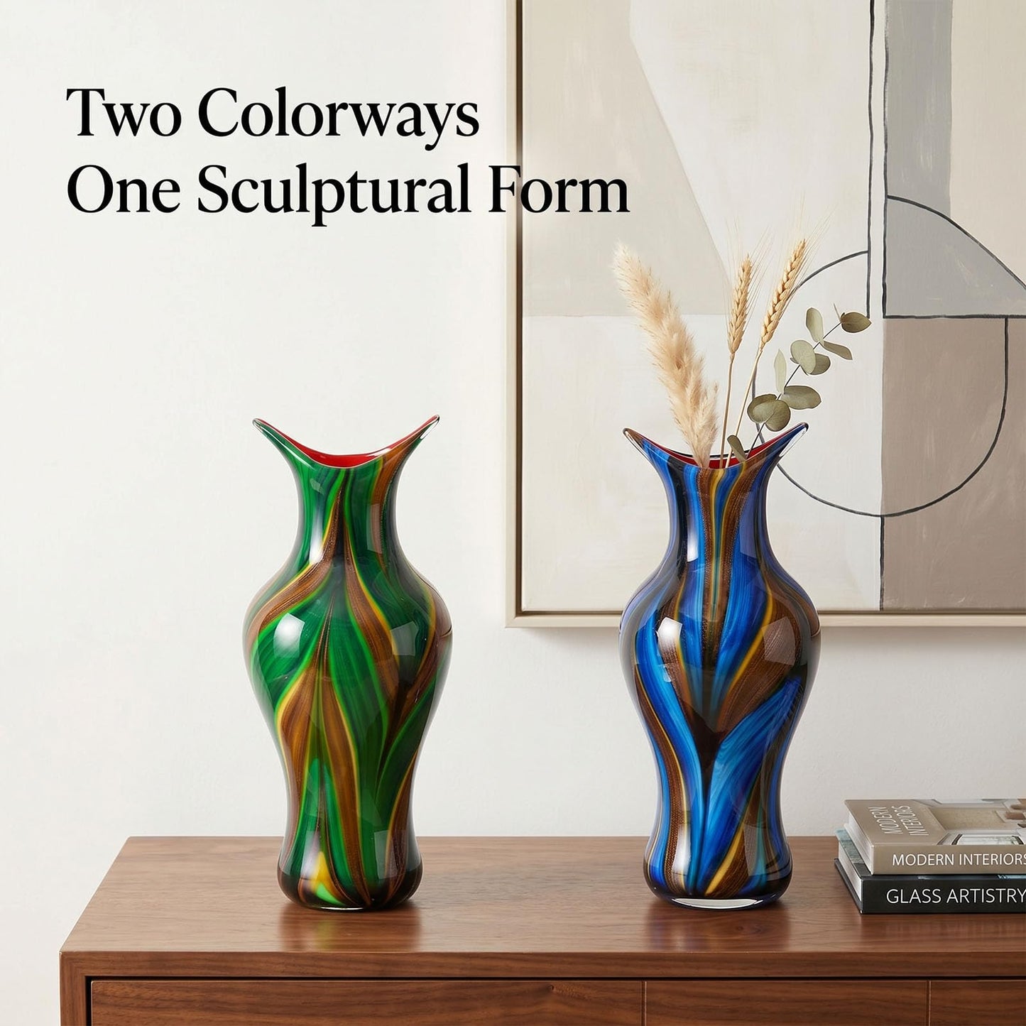 Hand Blown Glass Vase for Flowers, Modern Glass Vases Home Decor, Sculptural Decorative Centerpiece for Table, Living Room, Shelf or Entryway Display Use