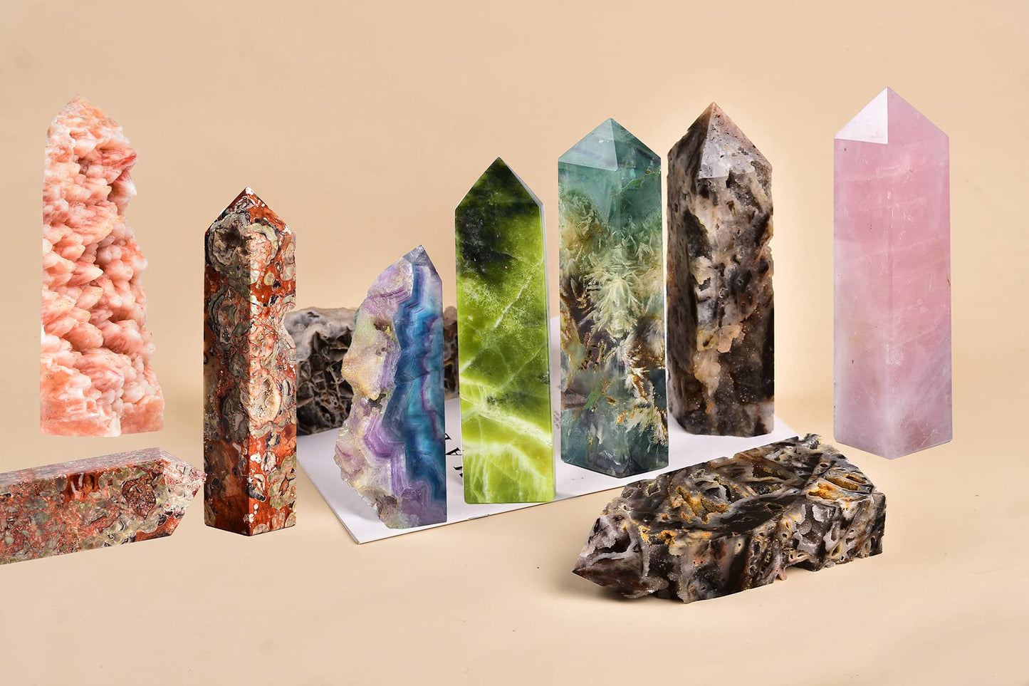 AMOYSTONE Natural Fluorite Crystal Stone Wand Obelisk Large Tower Slab Pointed Wand Block Green-Purple, Irregular Texture 1.7-2 LBS, Home Décor