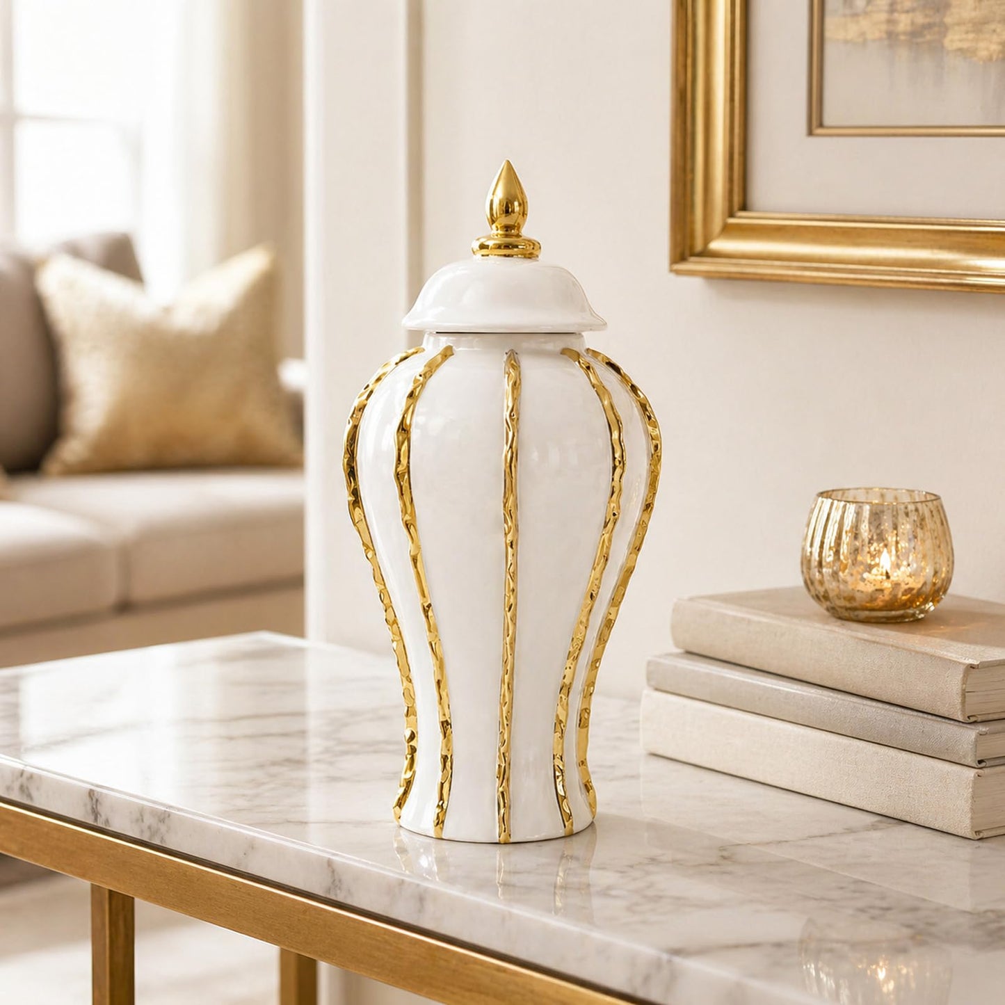 18 Inch White Gold Ginger Jar, Ceramic Decorative Vase