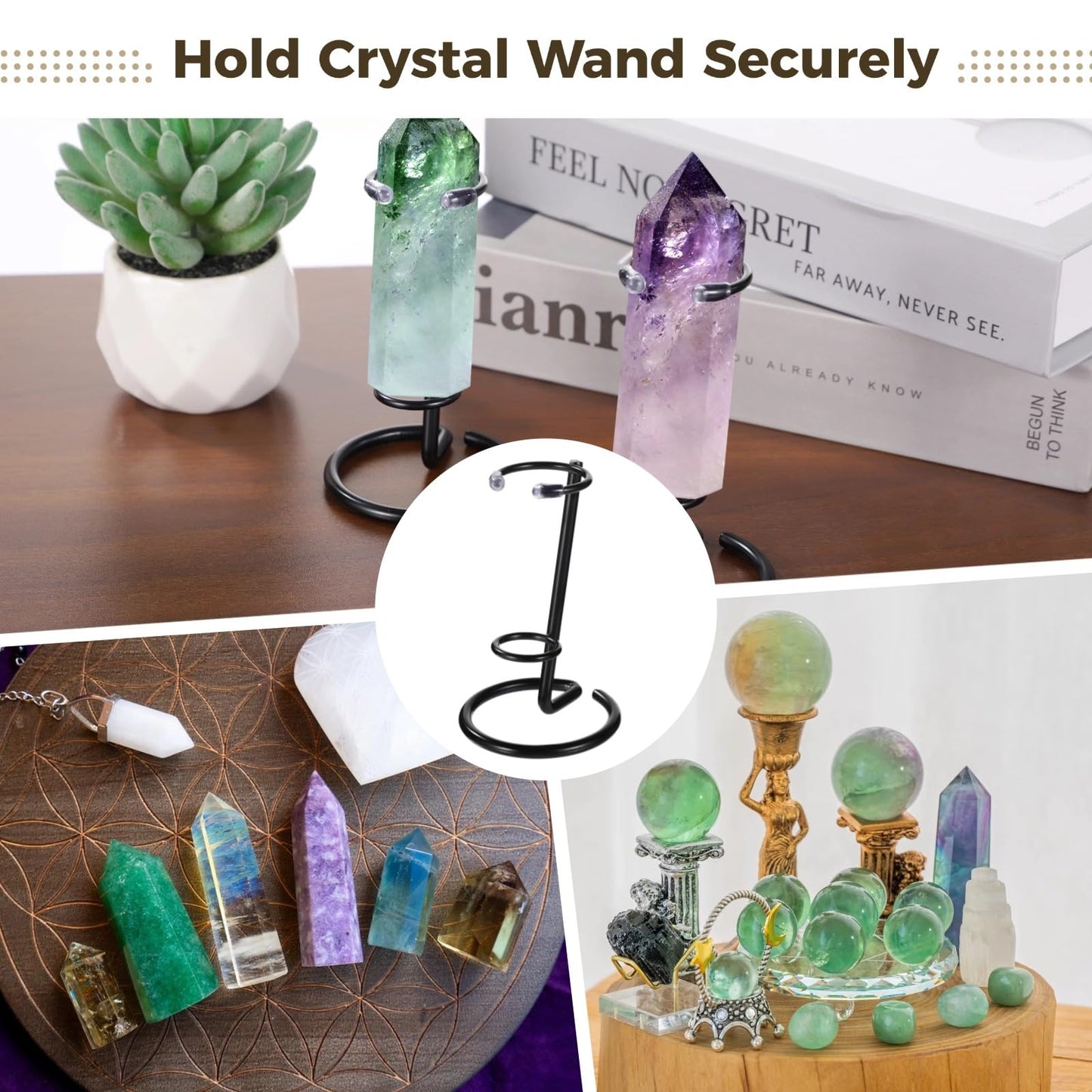 OMISTAR 8 Pcs Black Crystal Wand Stand, Metal Hexagonal Pillar Display Stands for Crystals, Adjustable Rings for Secure Display, Ideal for Home, Office, or Exhibition Use