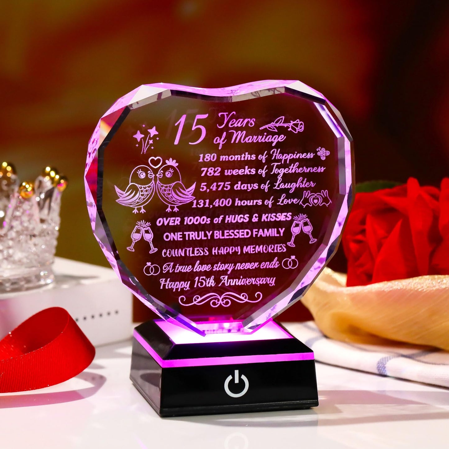 Arikyrist 15th Wedding Anniversary Crystal Heart Keepsake with Multicolor LED Base – Romantic 15 Years Marriage Gift for Couples Wife Husband Ideal Present for Christmas Valentine's Day