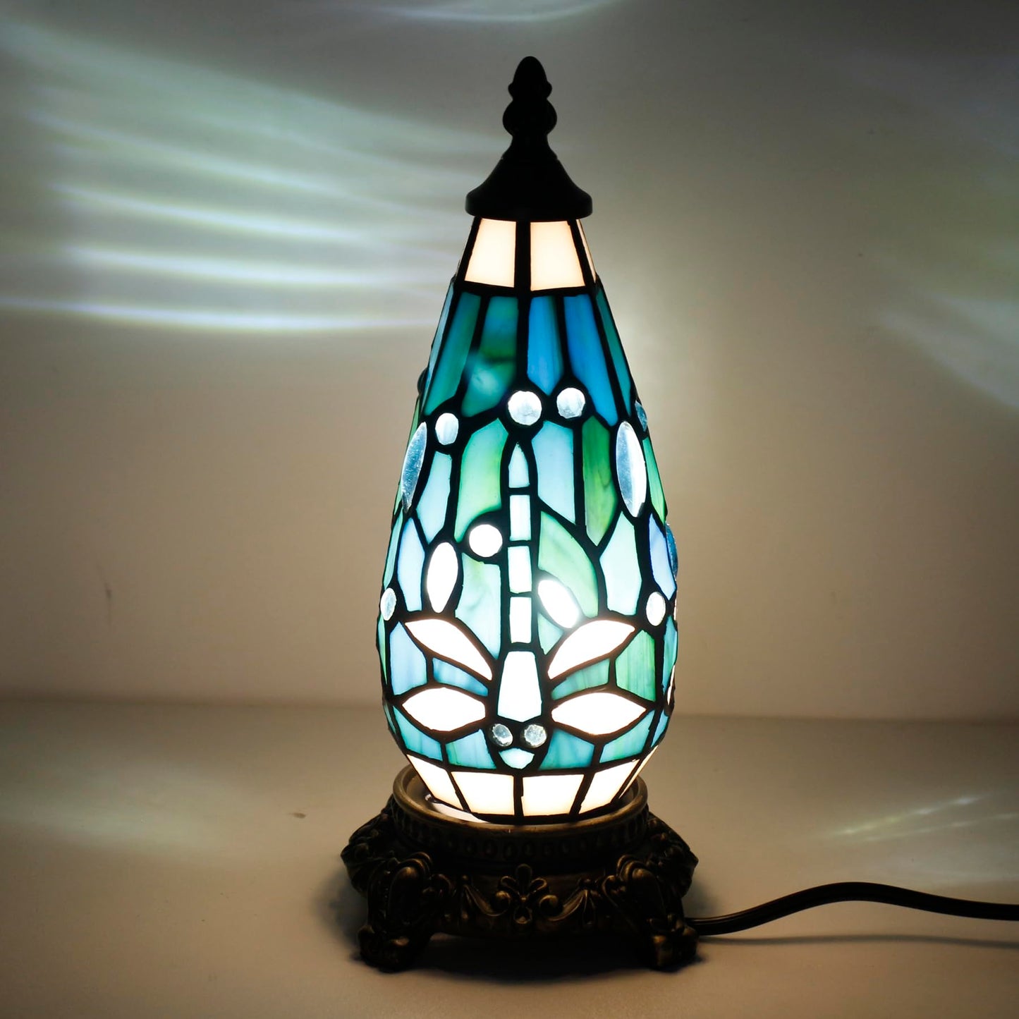 TCODTPOL Small Tiffany Stained Glass Table Lamp 5.5X11 Inch (Green Dragonfly)