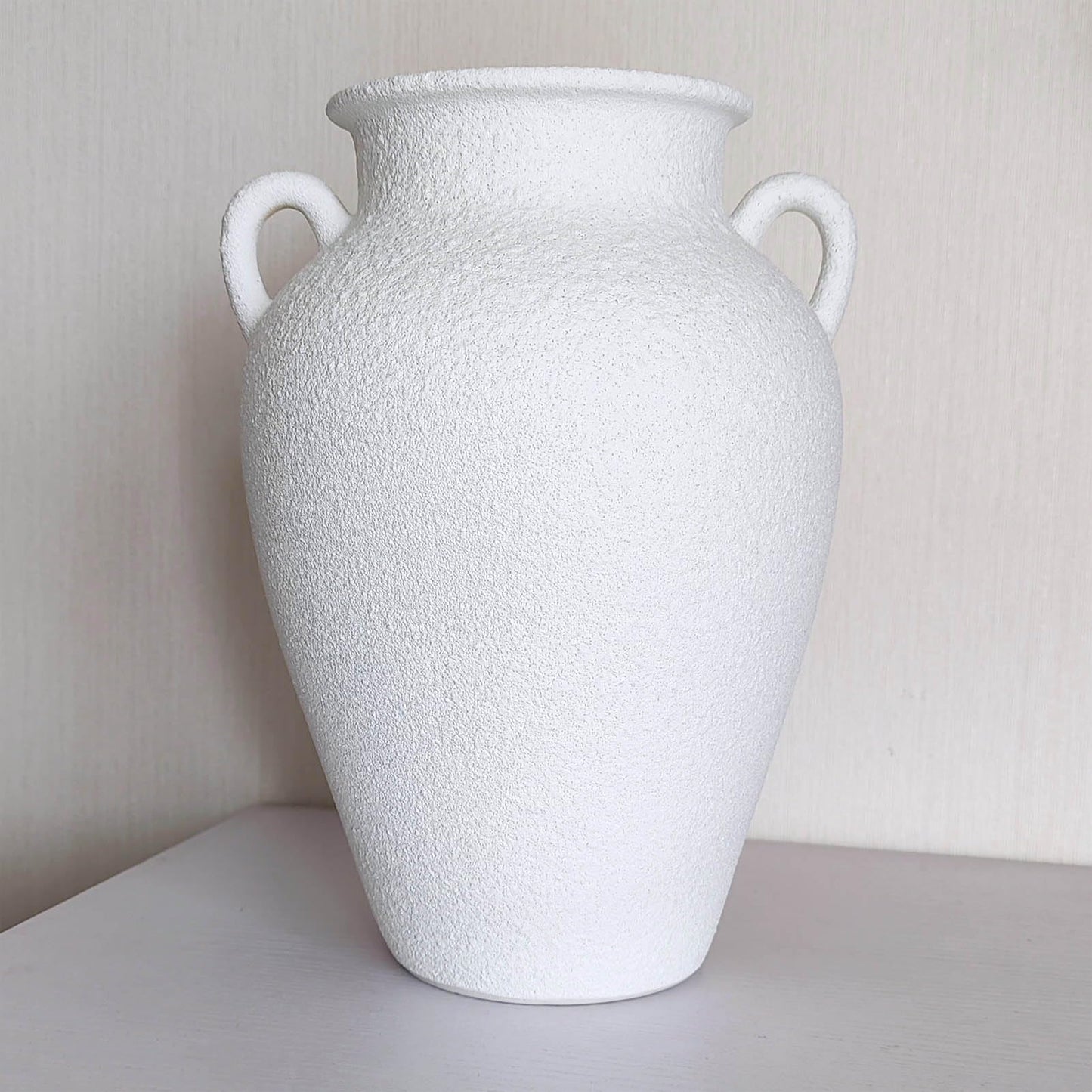 White Ceramic Pottery Barn Vase with Handles - 10" Large Decorative Terracotta Vase for Pampas Grass, Rustic Farmhouse Boho Vases for Home Decor, Living Room, Mantel, Table, Shelf