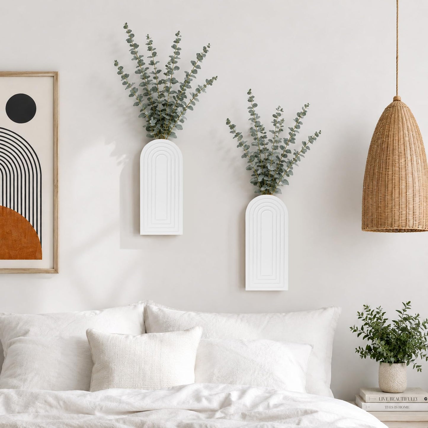 2 Pack Wooden Wall Vase Set, Boho Hanging Planter & Finish Modern Farmhouse Plants & Flowers Wall Decor for Entryway, Hallway, Bathroom, Living Room, Dining Room, Narrow Spaces (White)