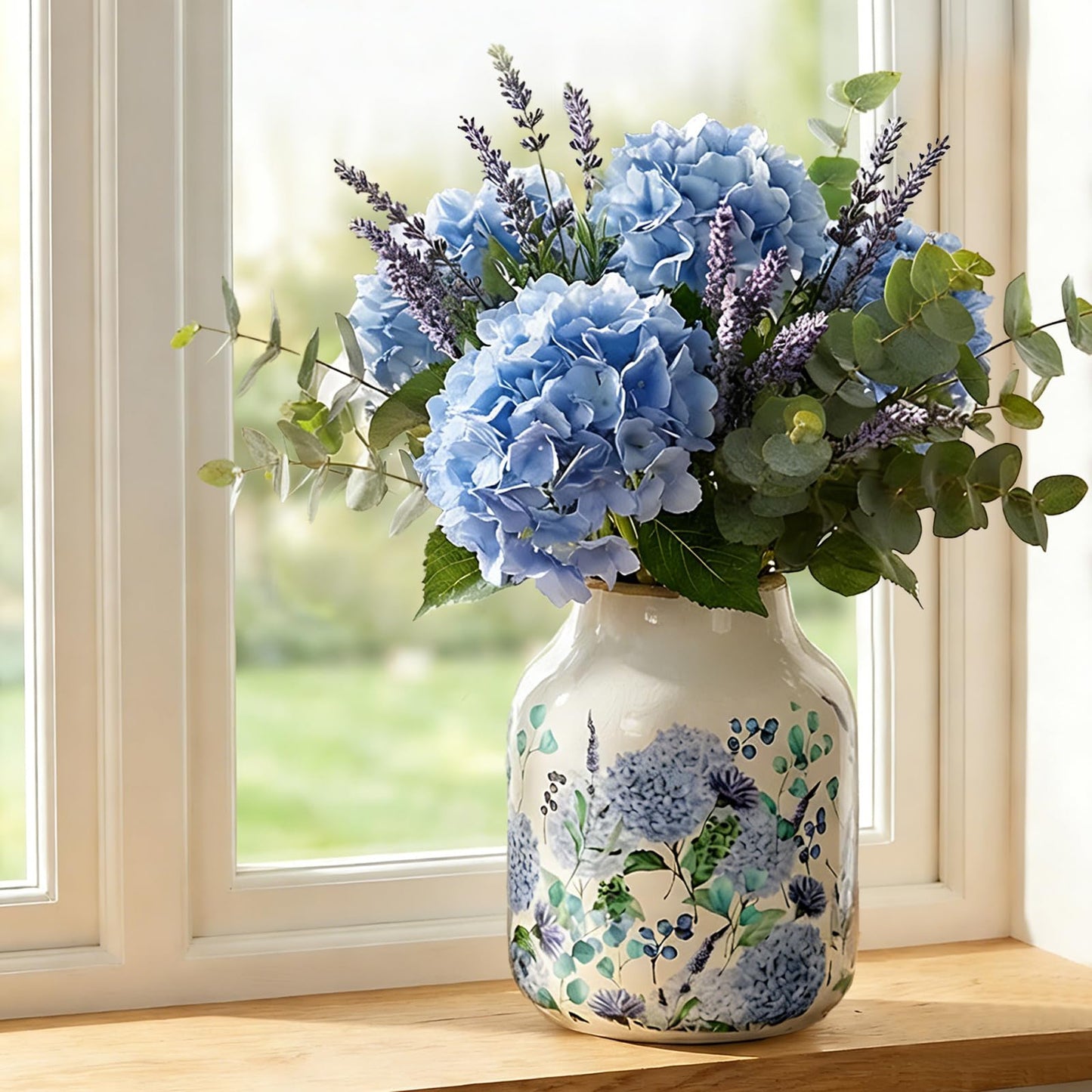 Nature Crafted Blue and Beige Vintage Ceramic Vase, 8 inch Blueberry Hydrangea Chinoiserie Floral Vase, Rustic Ceramic Large Vase for Home Table Bookshelf Kitchen Living Room Office Balcony