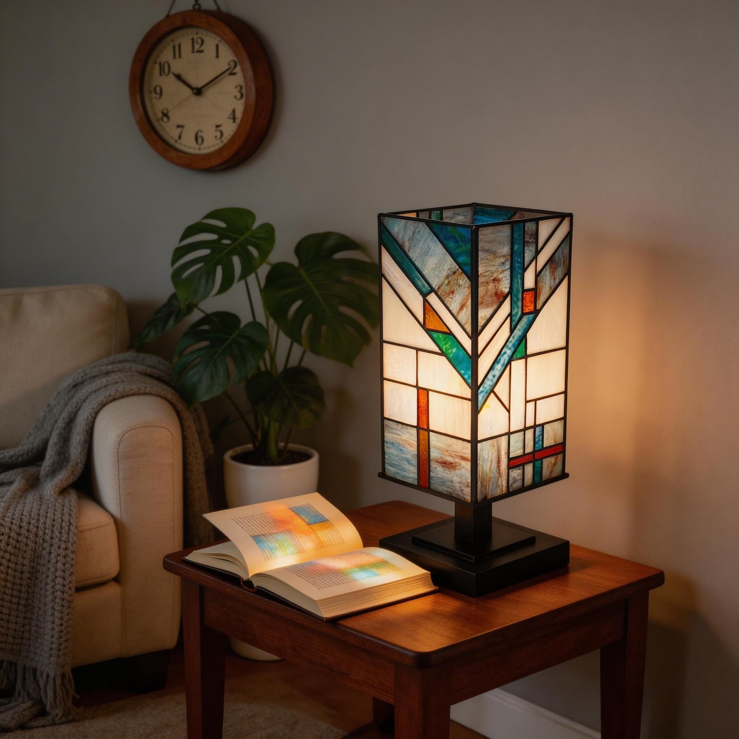 NOCTAVERA Tiffany-Style Table Lamp, Mission-Design Stained Glass