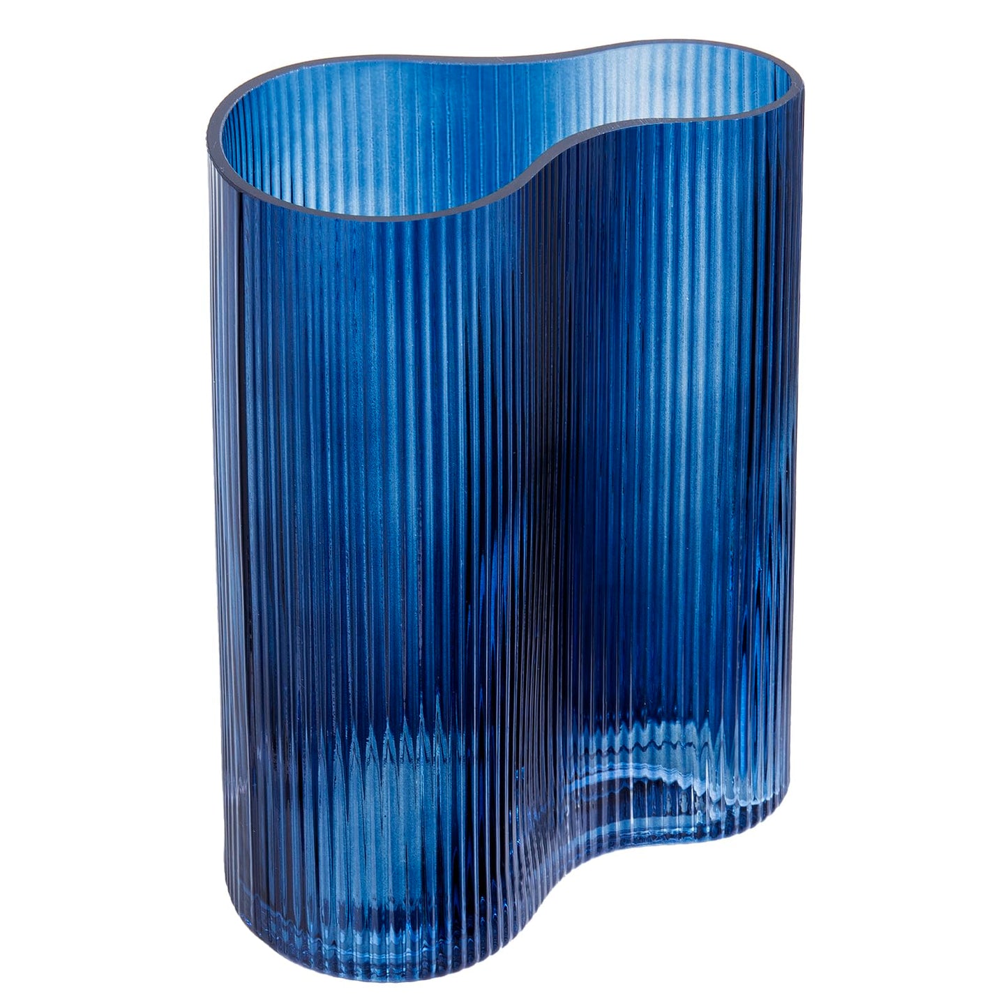MyGift Blue Glass Flower Vase, Modern Fluted Ocean Blue, Artistic Organic Wavy Design for Floral Arrangements, Tabletop, Shelf & Centerpiece Home Décor