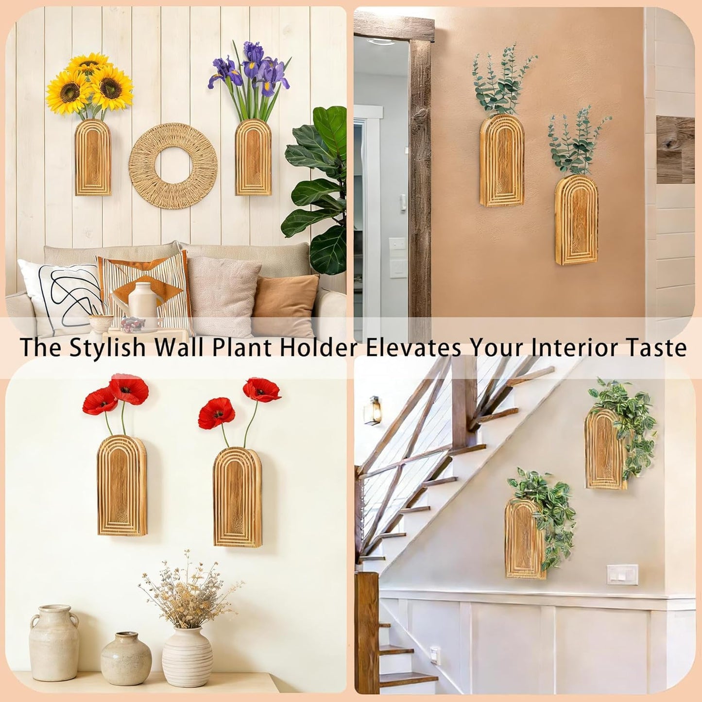 2 Pack Wooden Wall Vase Set, Hanging Planter For Indoor Plants & Flowers, Brown Finish Modern Farmhouse & Wall Decor For Entryway For Living Room Bedroom Bathroom Patio