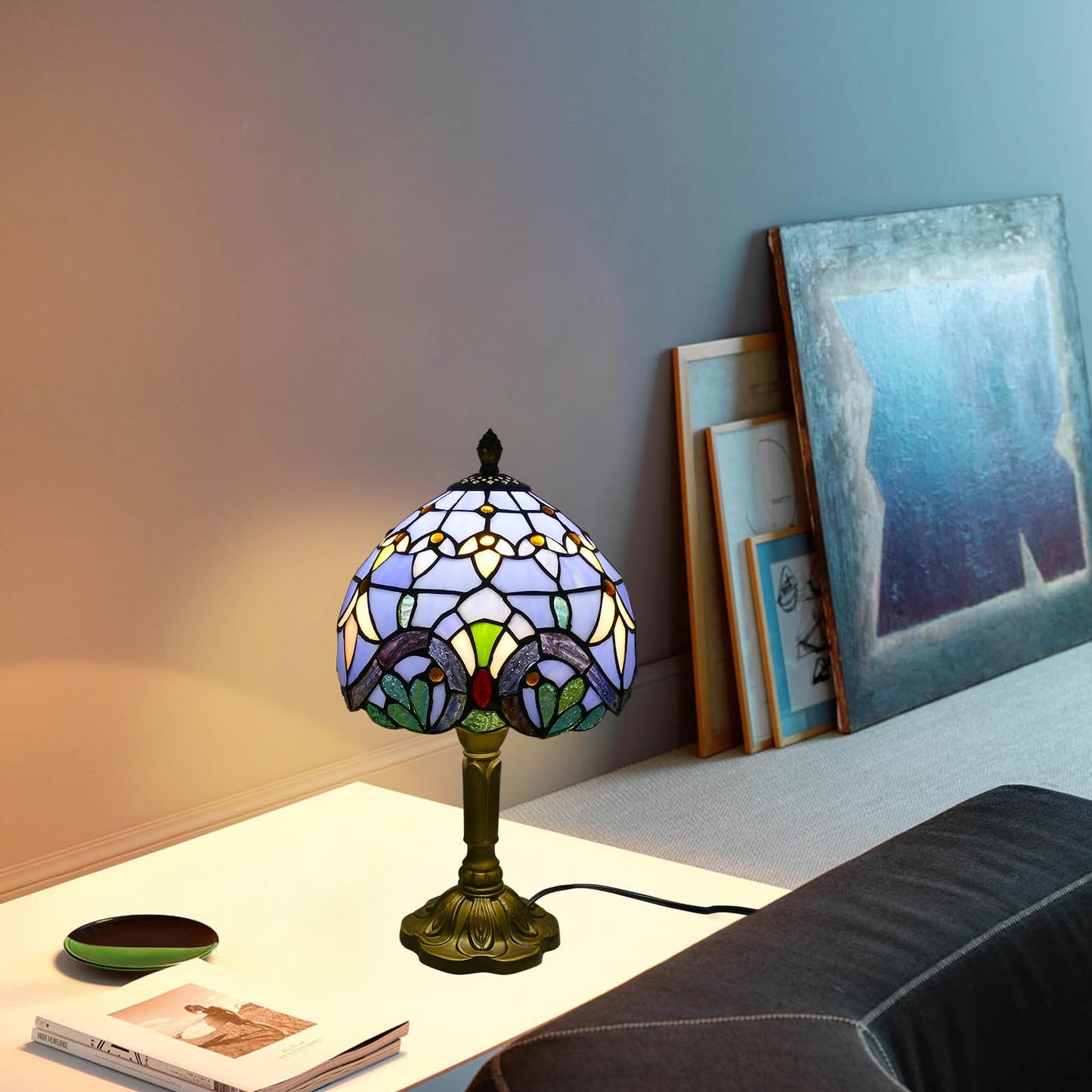 VirtueKing Tiffany Table Lamp Blue Baroque Handmade Stained Glass Desk Lamps 8" Wide 15" Tall Vintage Reading Lamp for Office, Living Room, Bedroom, LED Bulb Included