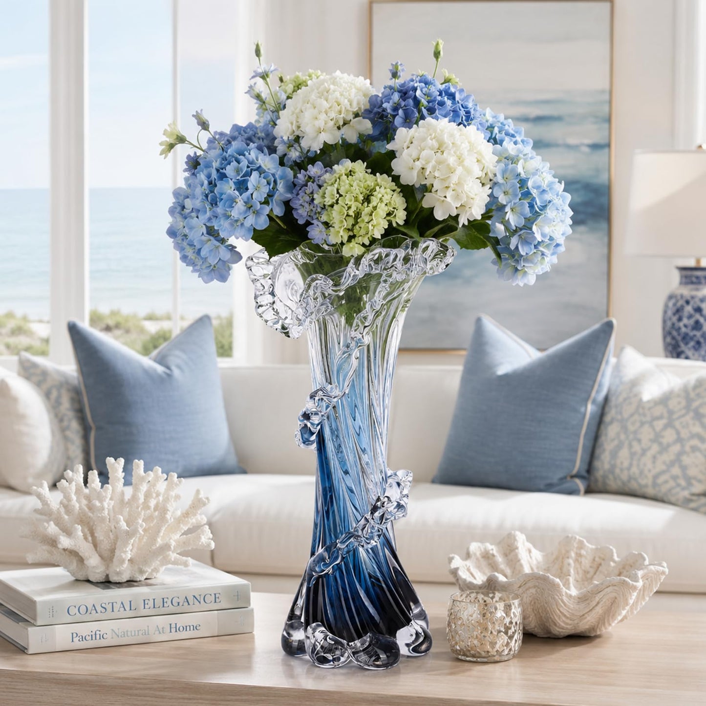 12" H Blue Blown Glass Vase, Modern Art Hand Blown Coastal Vase,Beautiful Unique Ocean Wave Centerpieces for Living Room, Bedroom, Office Desktop,Coffee Table and Wedding Decorative (L)