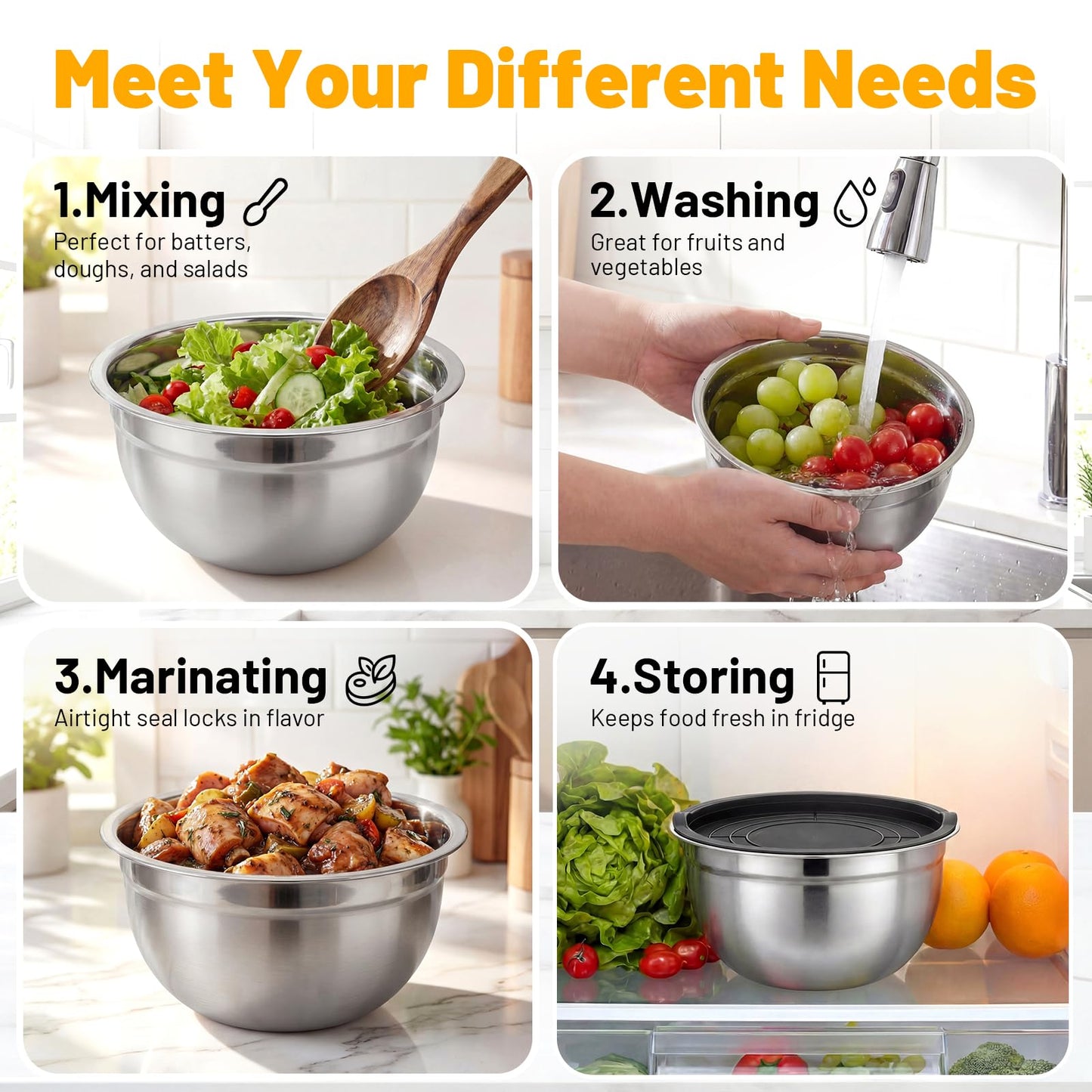 Beasea Mixing Bowls with Lids Set of 3, 1.5 QT Stackable Stainless Steel Mixing Bowls with Black Lids for Baking, Metal Nesting Bowl for Kitchen, Meal Prepping, Cooking and Serving