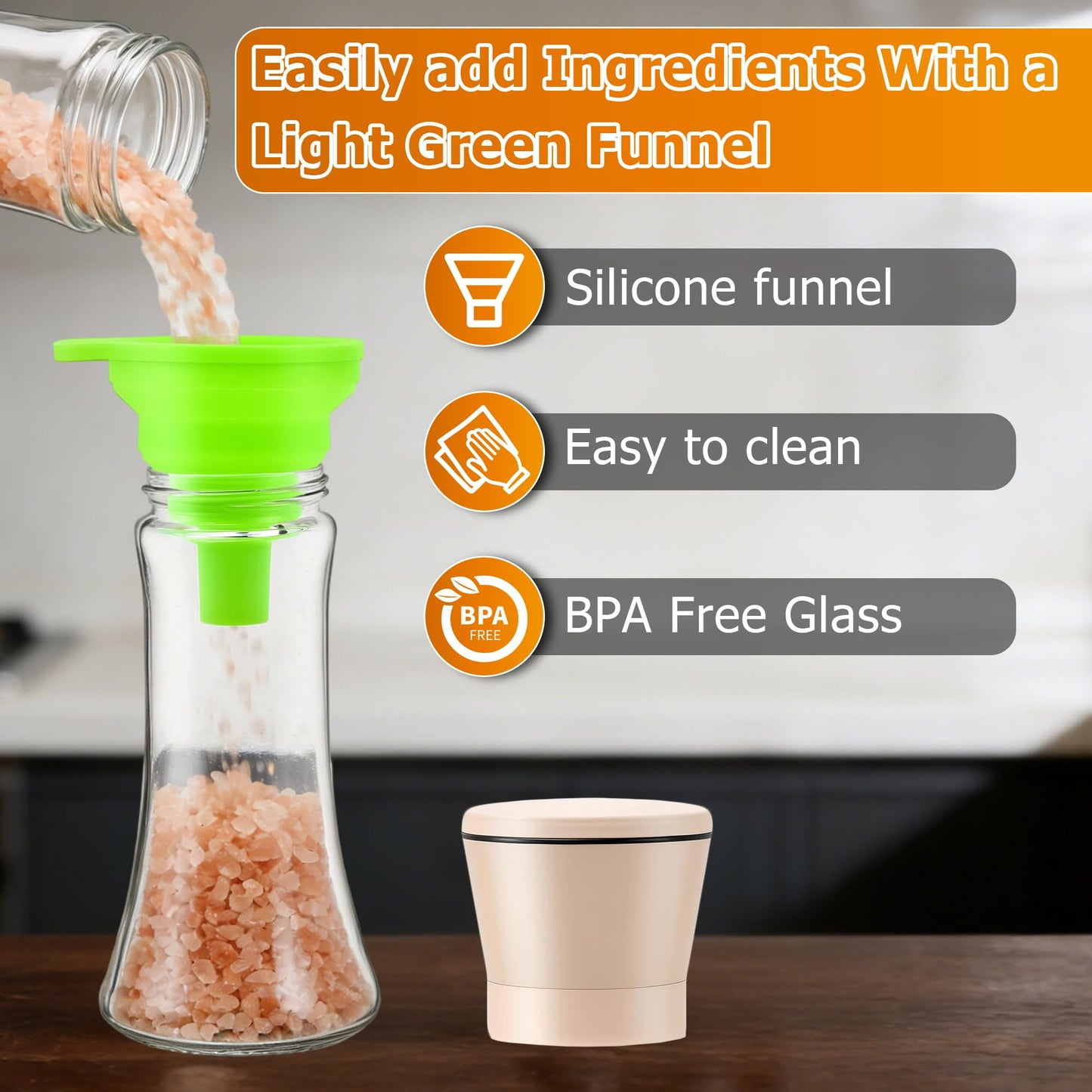 R DRURLCD Beige Salt and Pepper Grinder Set of 2,Refillable Adjustable Coarseness Stainless Steel, Pepper Mills W/Funnel- Kitchen Spice Mill