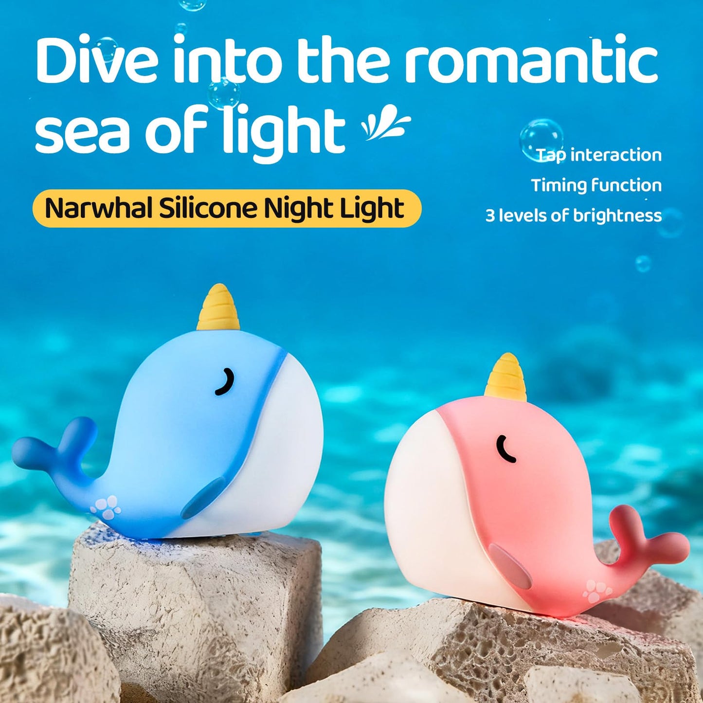 faralite Cute Whale Night Lights, Soft Narwhal Silicone LED Night Lamp, Rechargeable Nursery Lamp with 3-Level Dimmable, 30mins Auto-Off, Lovely Room Decor for Bedside, Bedroom(White Light)