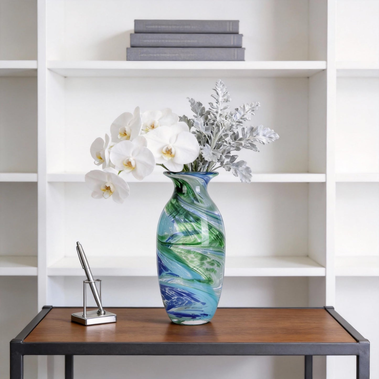 Hand Blown Glass vase, Blue Green Wide Mouth vase, Contemporary Glass Art Suitable for Display on Living Room Dining Tables, in Offices, bathrooms, Coffee Tables and hallways.