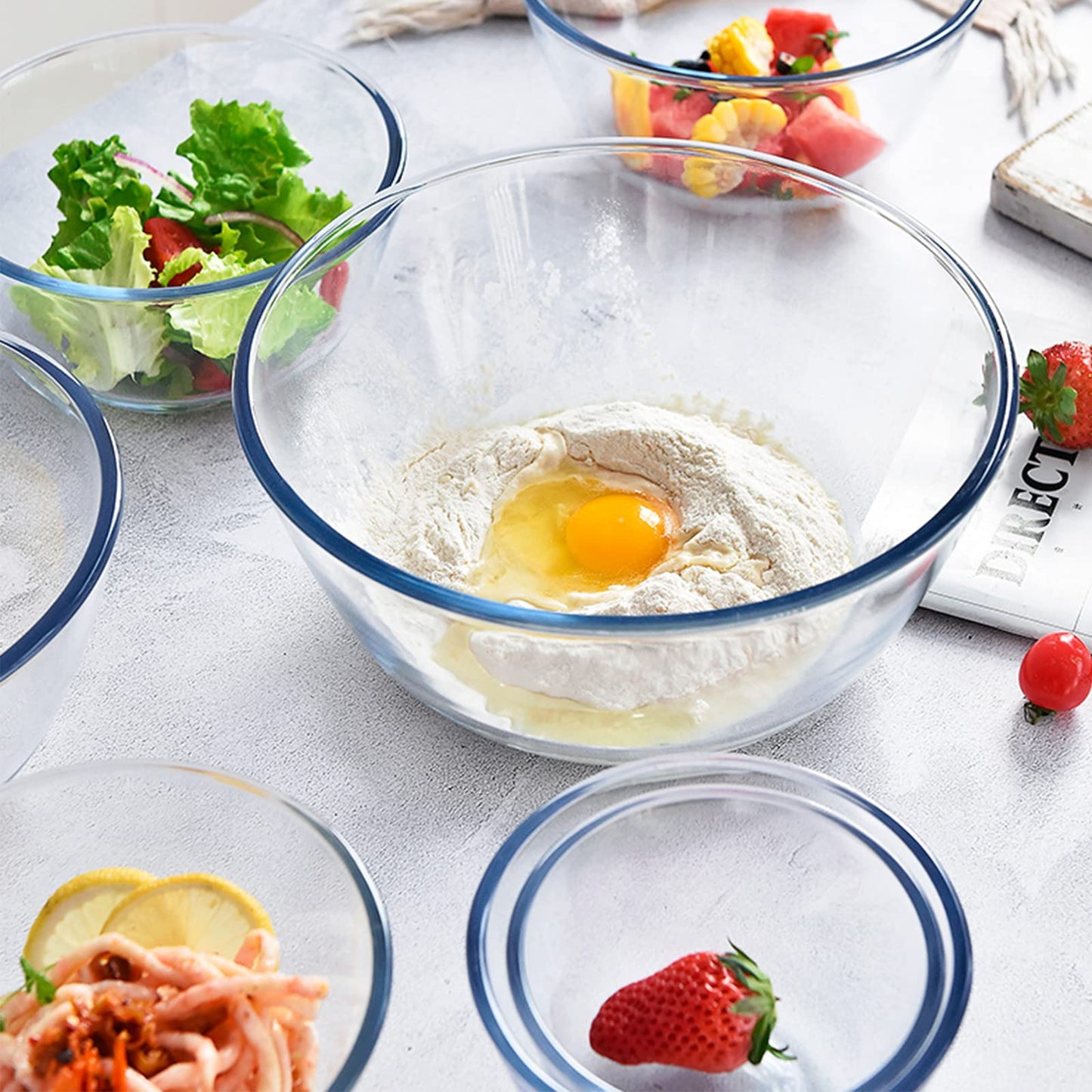 KOMUEE 4 Pack Glass Mixing Bowls Set with Lids (4.8QT, 2.9QT, 1.7QT, 0.8QT), Glass Nesting Bowls for Kitchen Baking, Cooking and Serving, Oven, Dishwasher, Freezer, and Microwave Safe
