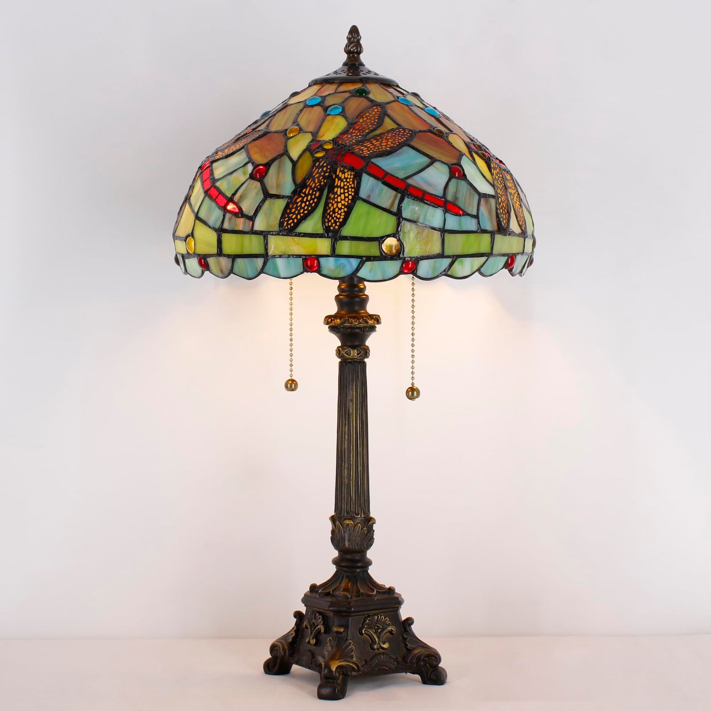 L-Juicwe Tiffany Table Lamp Green Red Stained Glass Desk Lamp 12X12X21 Inches Dragonfly Style Reading Light