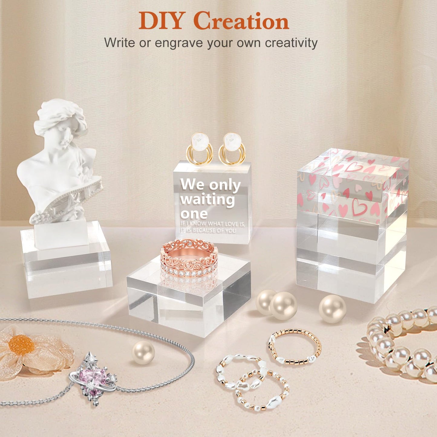 SAMYUCHO 4 Pcs 2 X 2 X 1 Inch with 10 Pcs 1 X 1 X 1 Inch Acrylic Square Base Stand