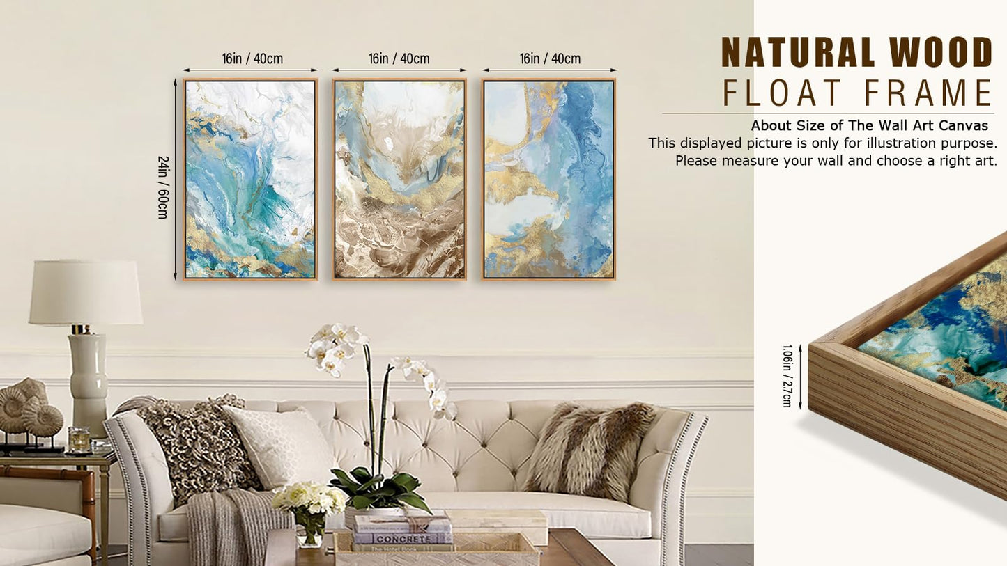 NINEASO Abstract Ocean Framed Wall Art – Vibrant Blue Turquoise Gold White Canvas Pictures Modern Swirls Painting Artwork for Living Room, Office & Home Wall Decor 24 x 16in * 3, Natural Wood Frame