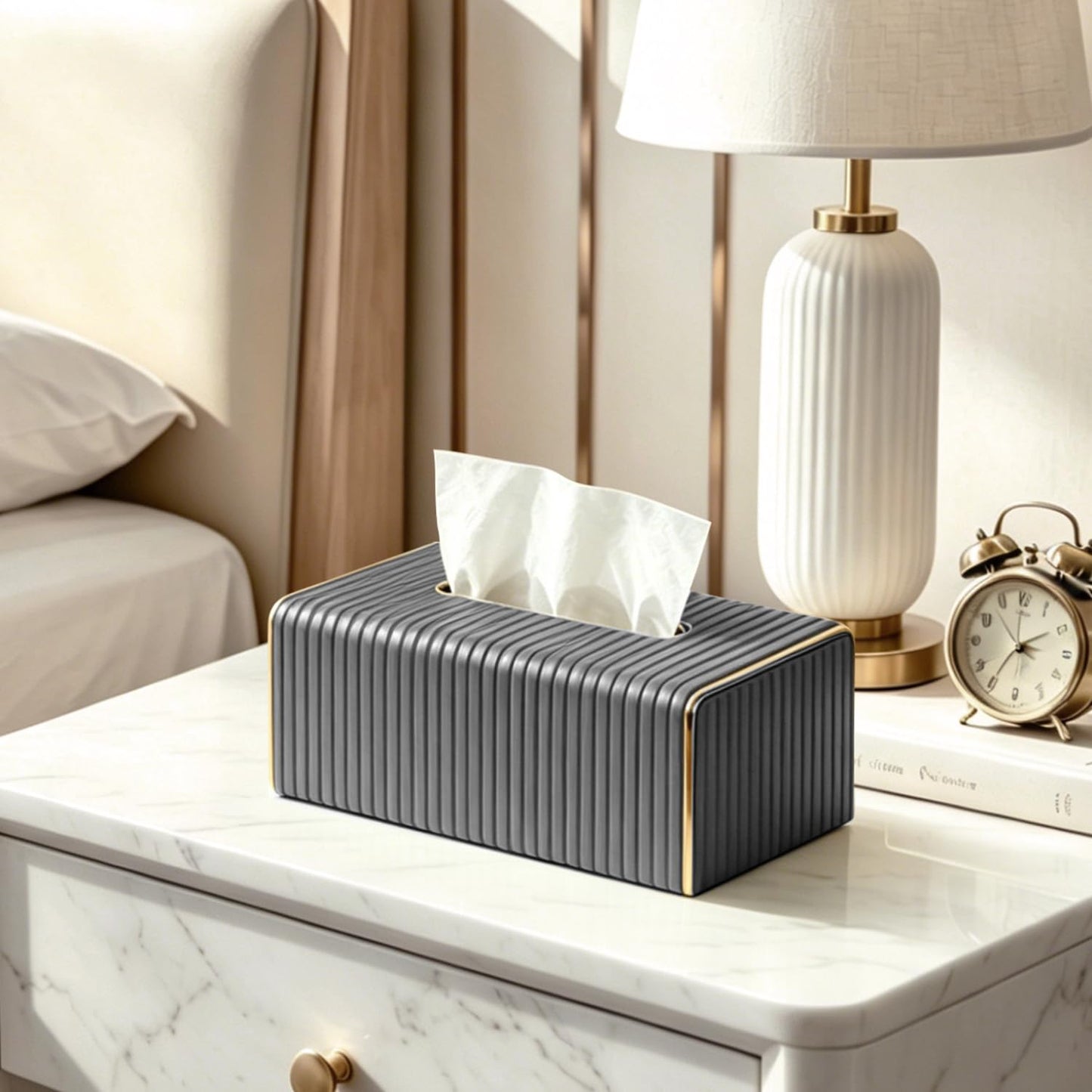 Fanousy Grey Tissue Box Holder Rectangle,Tissues Cover with Gold Trim
