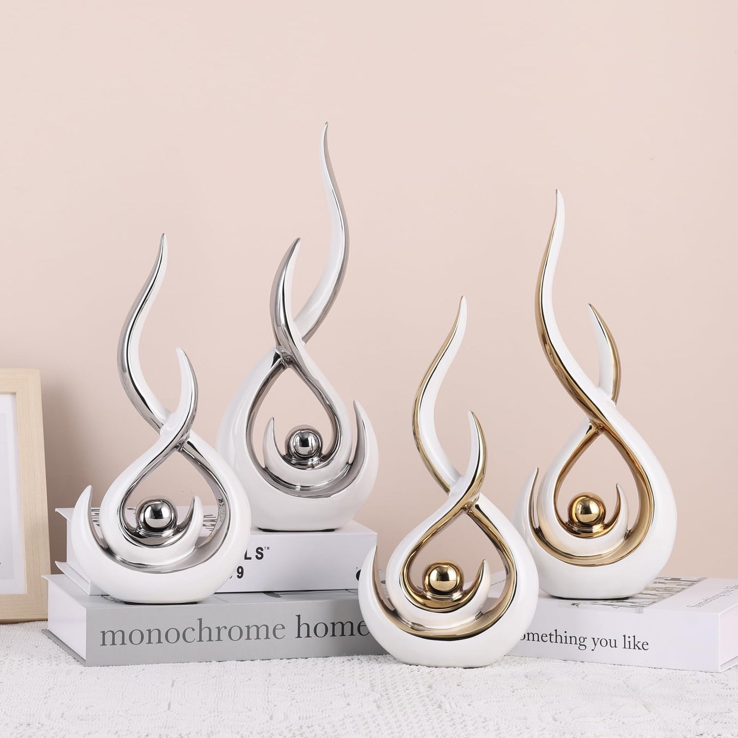 Ceramic Abstract 2 Piece Statue Set, White and Silver Home Decor Accents for Home Decor Statue Mantle Shelf Unique Decor, TV Cabinet Partition Table Top and Dining Table Centerpiece.