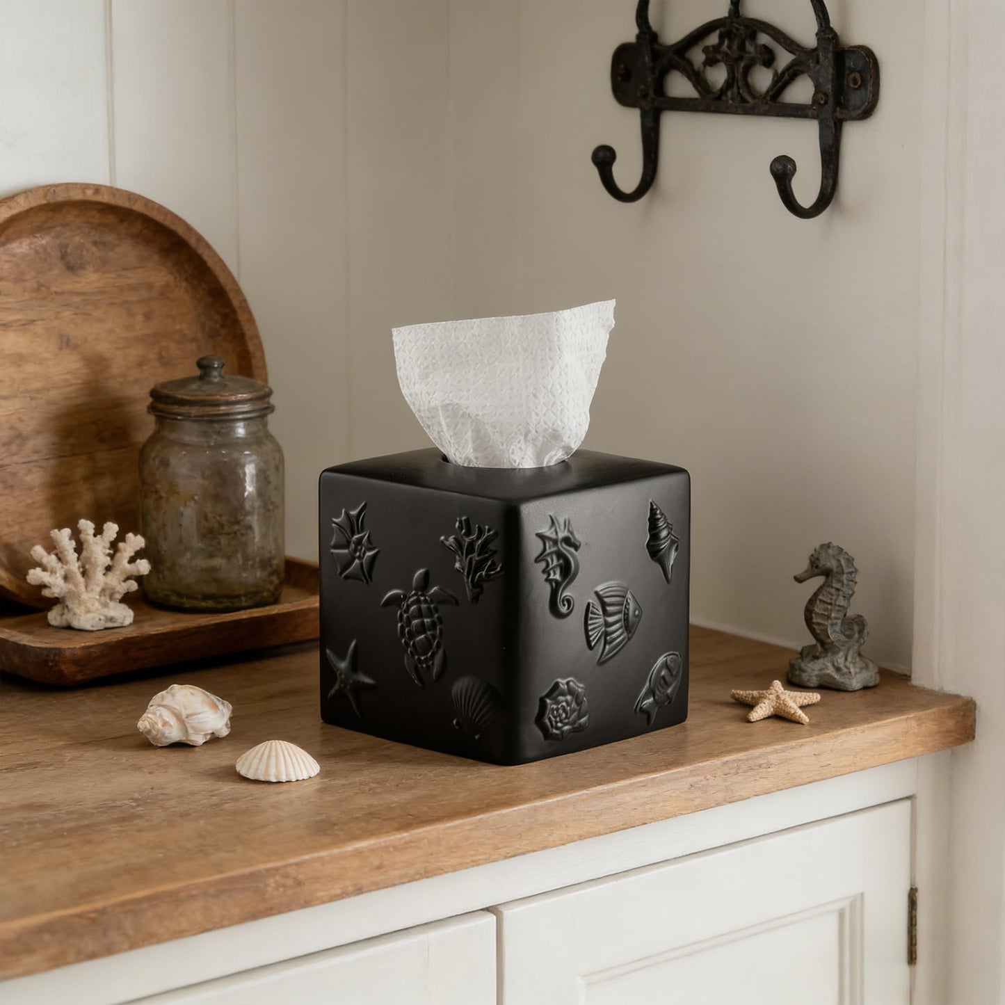 Black Ceramic Sea World Tissue Box Cover, Carved Marine Life Large Square Tissue Box Holder Decorative for Bathroom, Vanity, Kitchen Countertop, Bedroom Night Stands, Office Desk Top