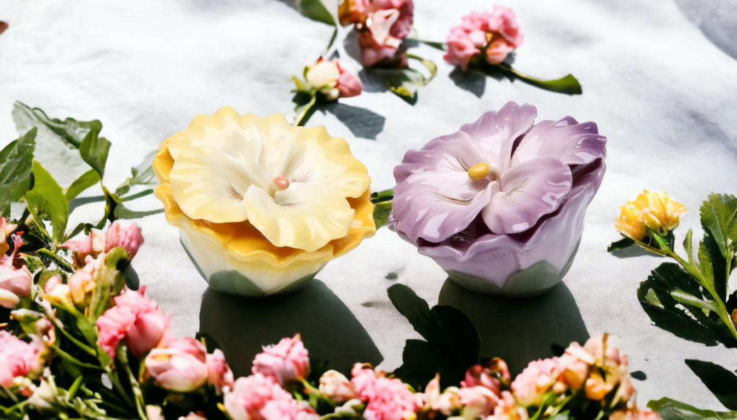 Fine Porcelain Hand Painted Yellow & Purple Colorful Pansy Flowers Salt & Pepper Shakers Set, 2-3/4"