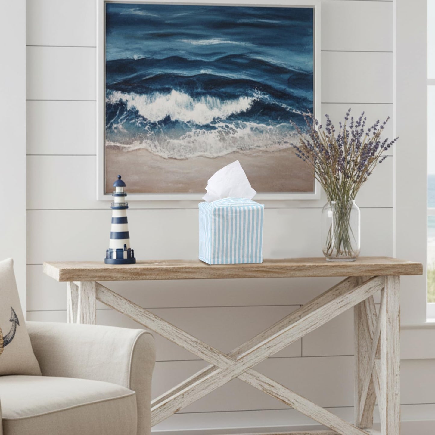 Potchen Tissue Box Cover Decorative Beach Square Napkin Holder Stylish Toilet Paper Storage Light Blue and White Stripe Tissue Box Cover for Summer Home Bedroom Living Room Bathroom Office Kitchen