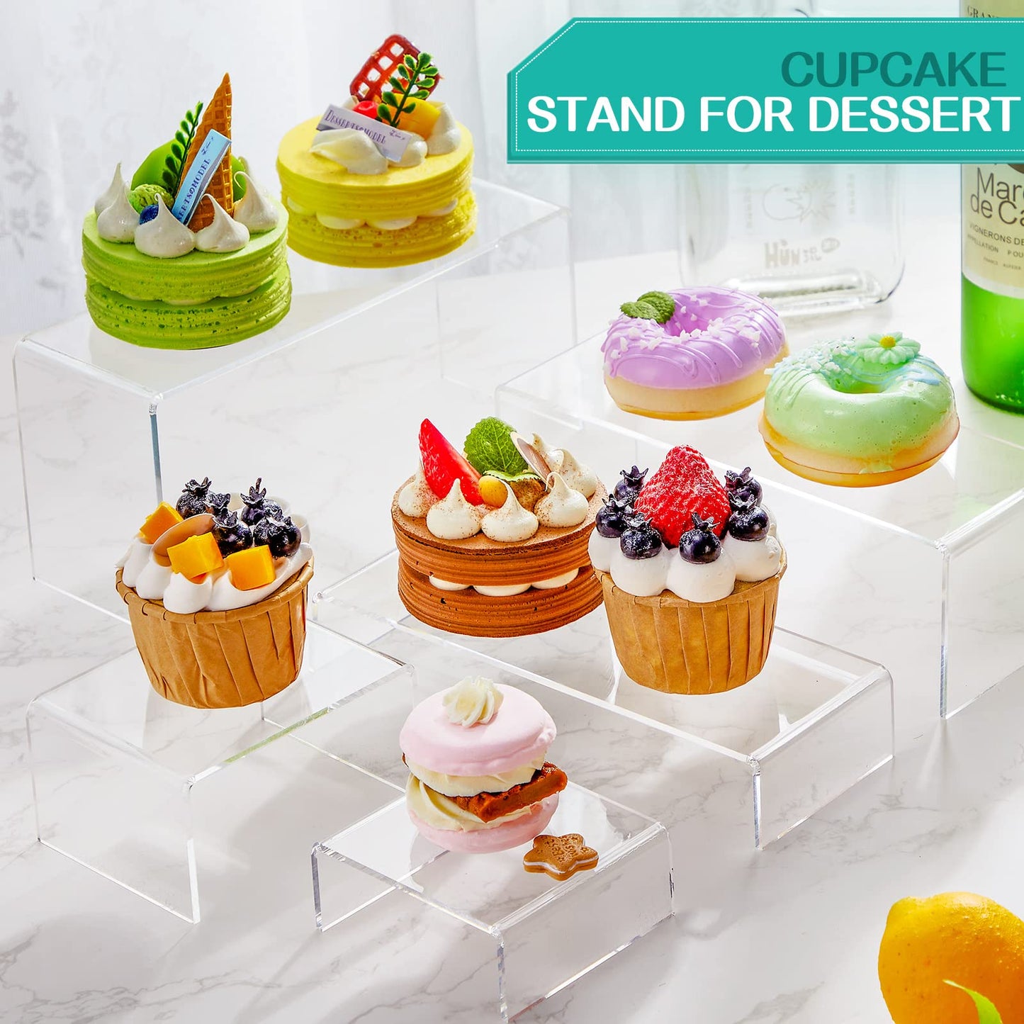 Tuanse 4 Set Acrylic Display Risers - Medium & Large Clear Rectangular Display Stand Shelf for Organizing Cupcake, Figure, Jewelry & Collectibles