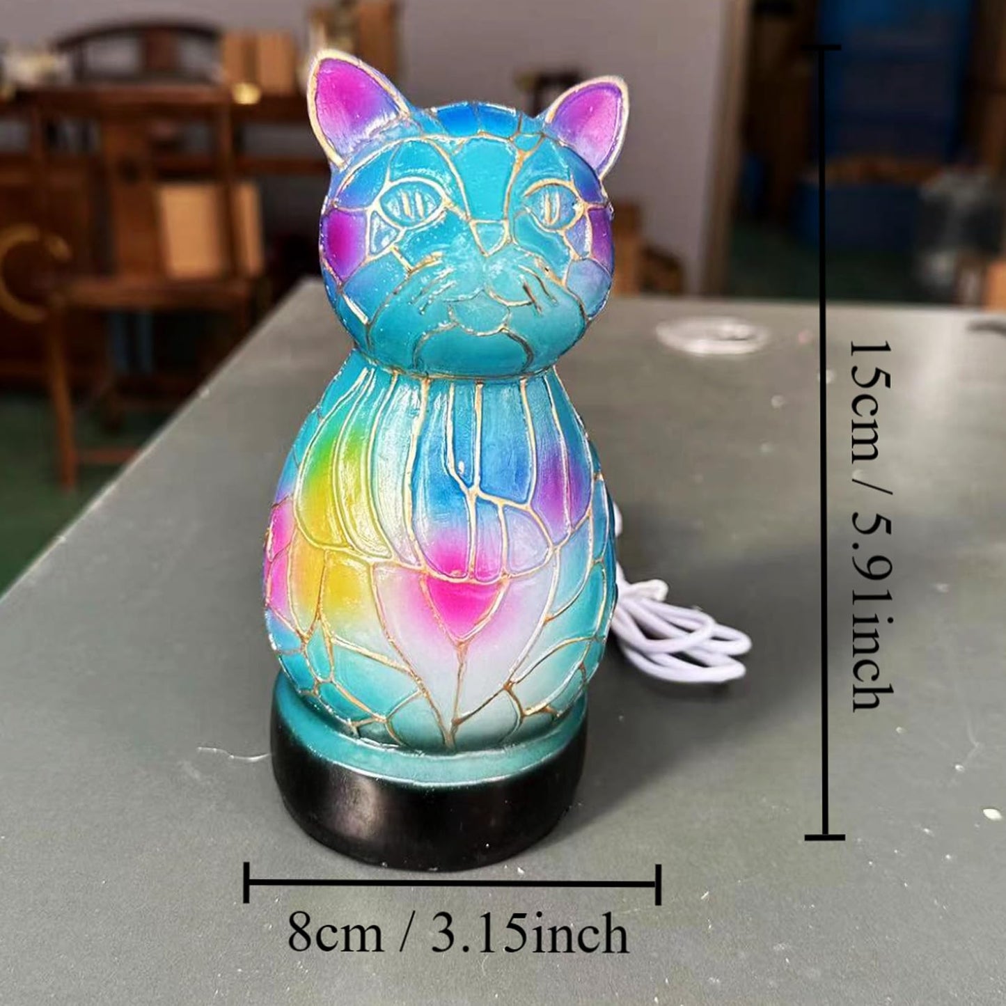 Desniltol 3D Animal Table Lamp, Retro Stained Animal Night Light Lamp, Cute Resin Animal Lamps, Vintage Animals Bedside Lamp with USB Ports Suitable for Living Room, Bedroom, Home Office (Cat)