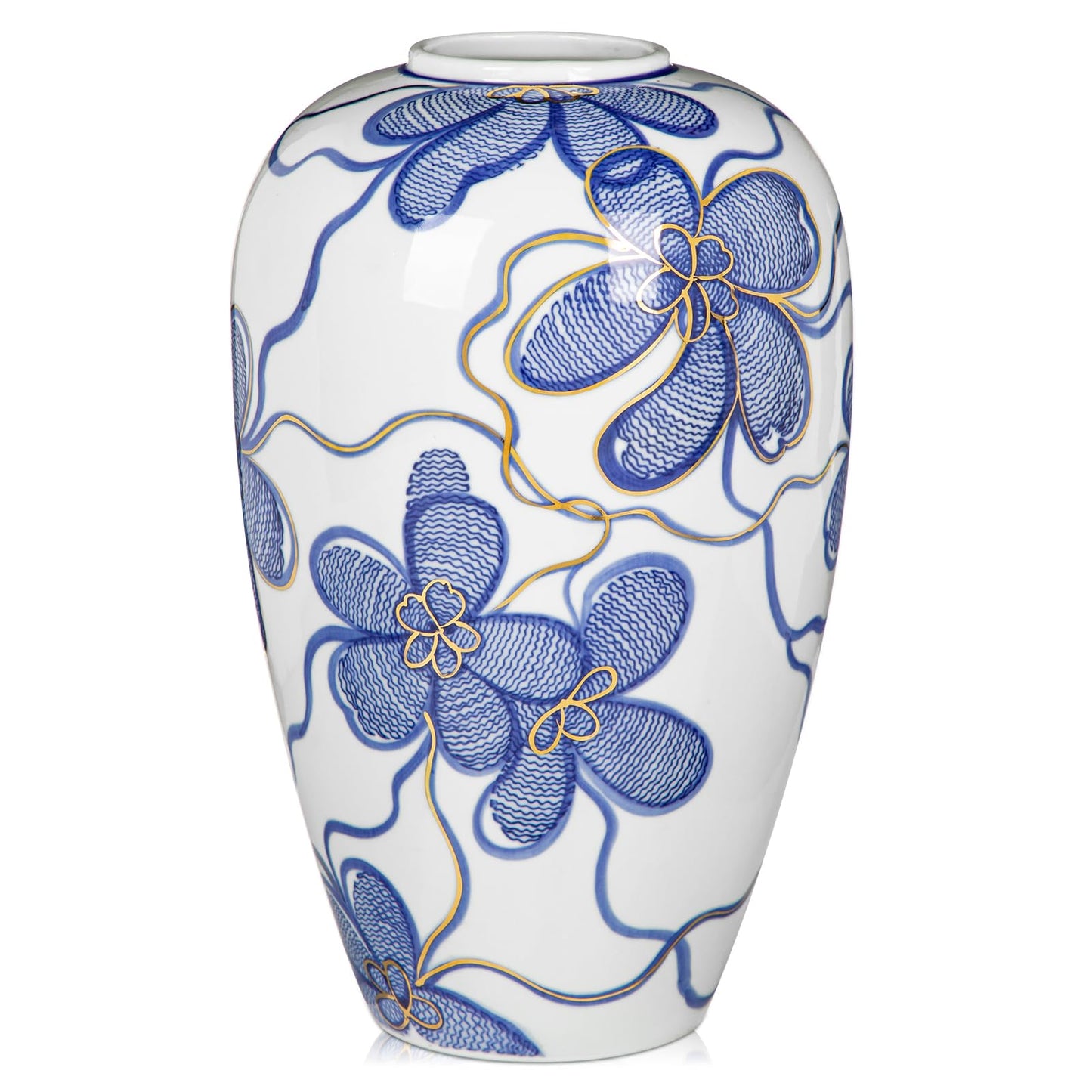 Blue and White Ceramic Vase for Home Decor – Hand-Painted Porcelain Flower Vase with Gold Accents – Chinoiserie-Inspired Home Decor Vase – 11" for Table, Shelf, or Mantel