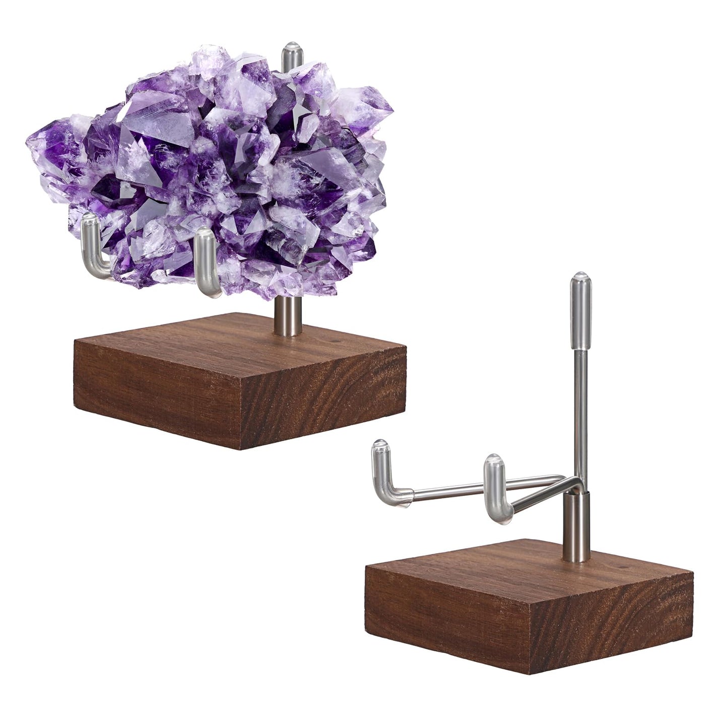 Hipiwe 2 Pack Crystal Display Stand with Wood Base, Adjustable Metal Arms Display Stand Easel for Displaying Geodes Rock Mineral Agate Coral Seashell,Small,2 x 2 x 2.9 Inches