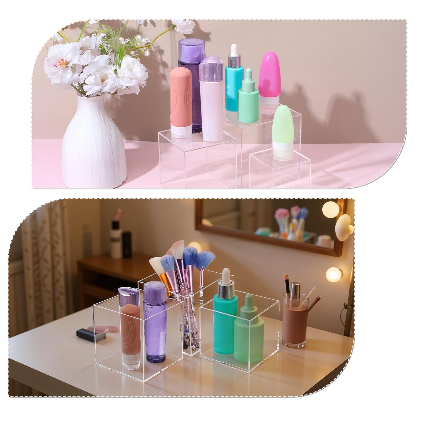 3 Pcs Acrylic Boxes for Display, 3" 4" 5" Small Square Clear Acrylic Cube with Hollow Bottoms, Nesting Riser Display Stand Shelf Food Risers for Buffet Table Dessert Collectibles Jewelry Figures Show
