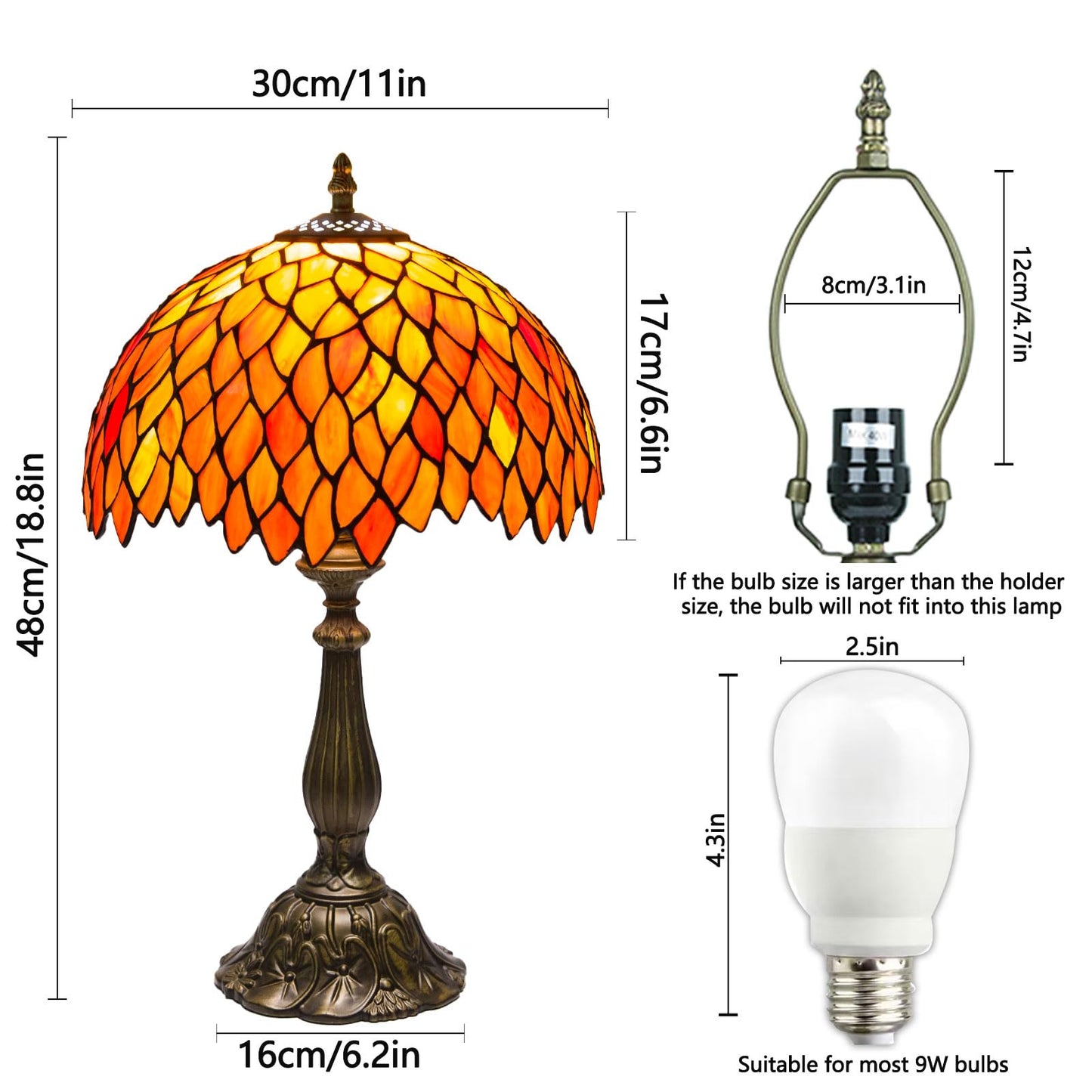 Crefotu 12 Inch Tiffany Table Lamps with Remote Control, Stained Glass Lamp with Stepless Dimmable Colors Temperature & Brightness for Living Room Bedroom Office, 9W Bulb Included (Orange)